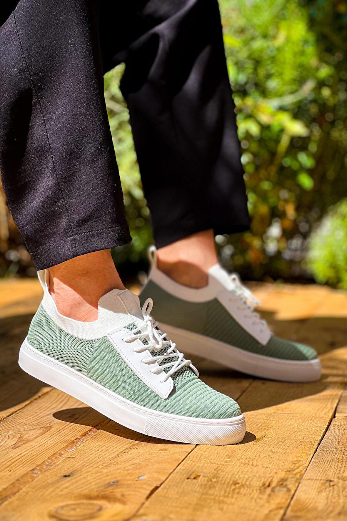 J110 Bağcıklı Ortopedik Taban Triko Erkek Spor Sneaker Ayakkabı BT Yeşil
