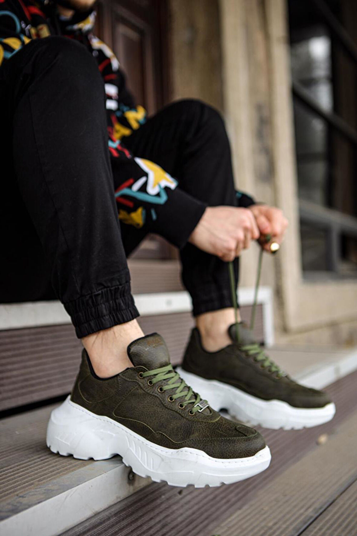 J-N75 Bağcıklı Ortopedik Taban Erkek Günlük Sneaker Spor Ayakkabı BT Haki