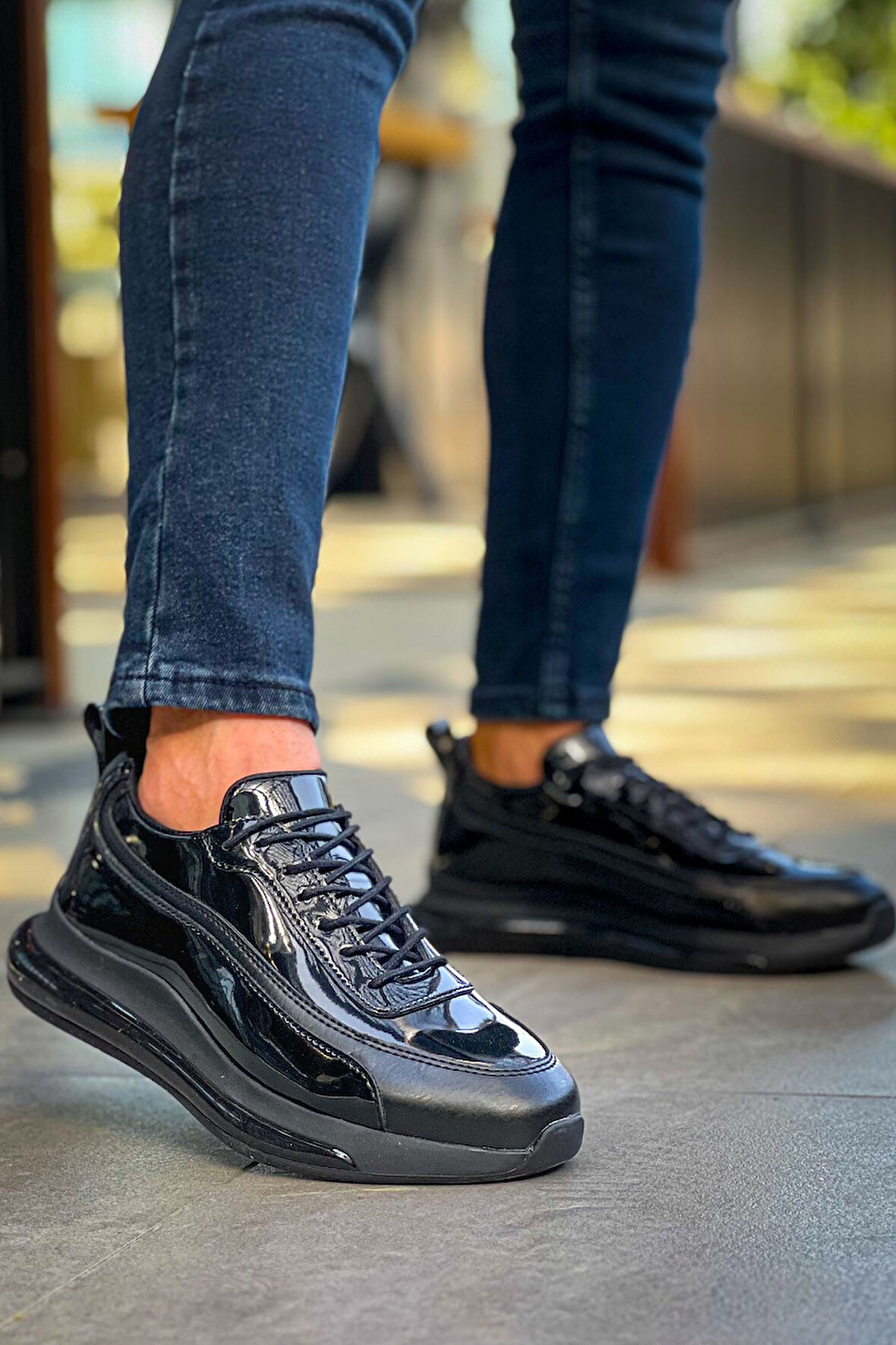 J2419 Ortopedik Taban Günlük Rugan Erkek Sneaker Spor Ayakkabı RST Siyah