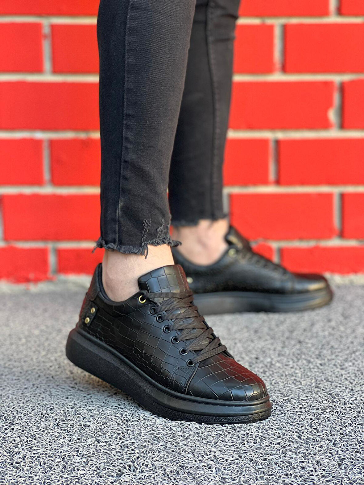 J047 Bağcıklı Ortopedik Taban Timsah Desenli Günlük Erkek Spor Sneaker Ayakkabı ST Siyah