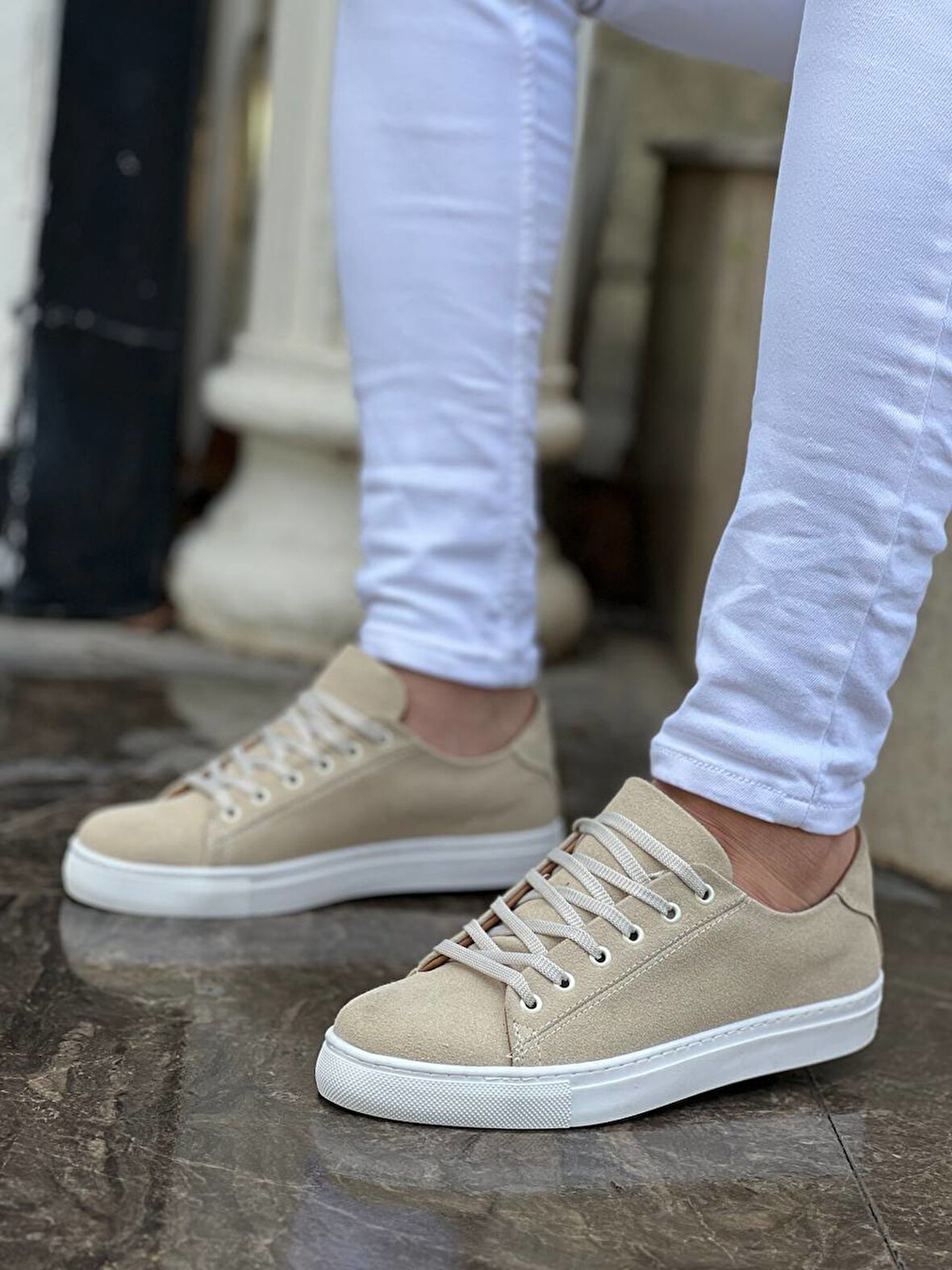 J122 Bağcıklı Ortopedik Taban Günlük Süet Erkek Spor Sneaker Ayakkabı BT Bej