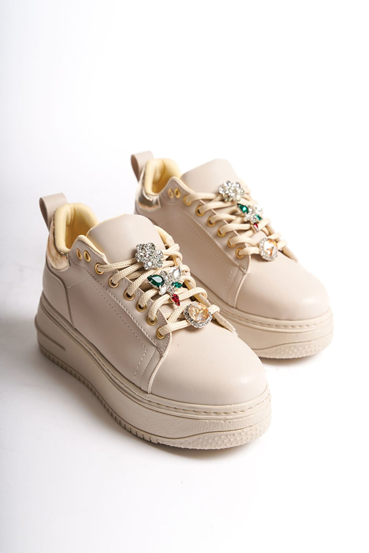 ISABELLA Bağcıklı Ortopedik Taban Renkli Taş Dekorlu Kadın Sneaker Ayakkabı KT Krem/Altın