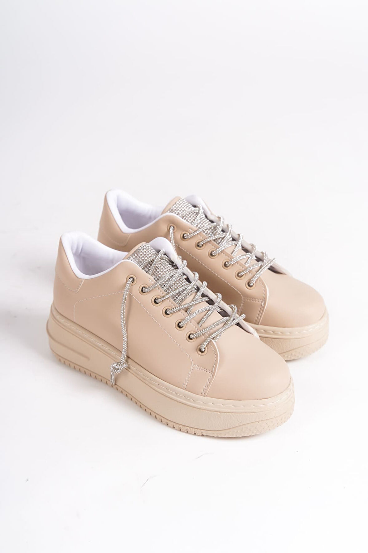 SERENA Bağcıklı Ortopedik Taban Taşlı Kadın Sneaker Ayakkabı TT Ten