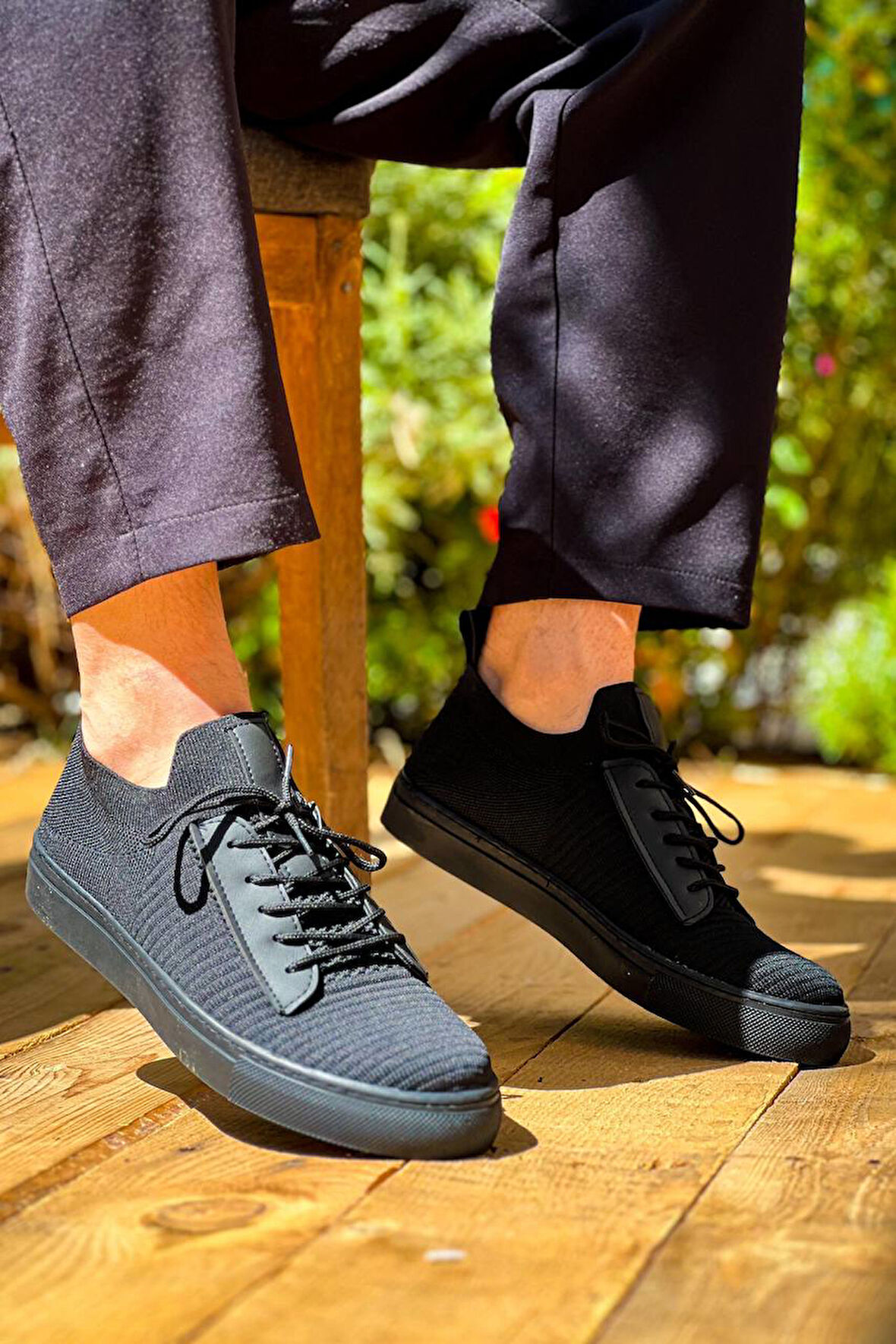 J110 Bağcıklı Ortopedik Taban Triko Erkek Spor Sneaker Ayakkabı ST Siyah