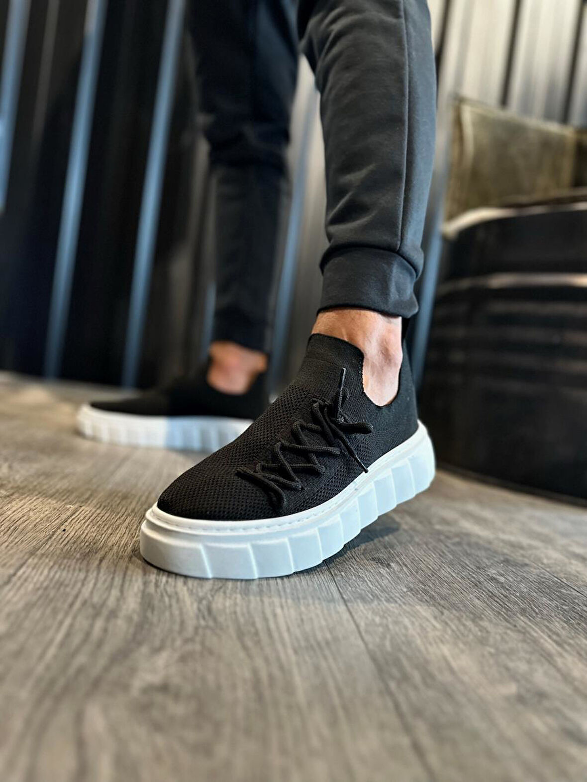 J1025 Bağcıklı Lastikli Ortopedik Taban Erkek Günlük Triko Sneaker Spor Ayakkabı BT Siyah