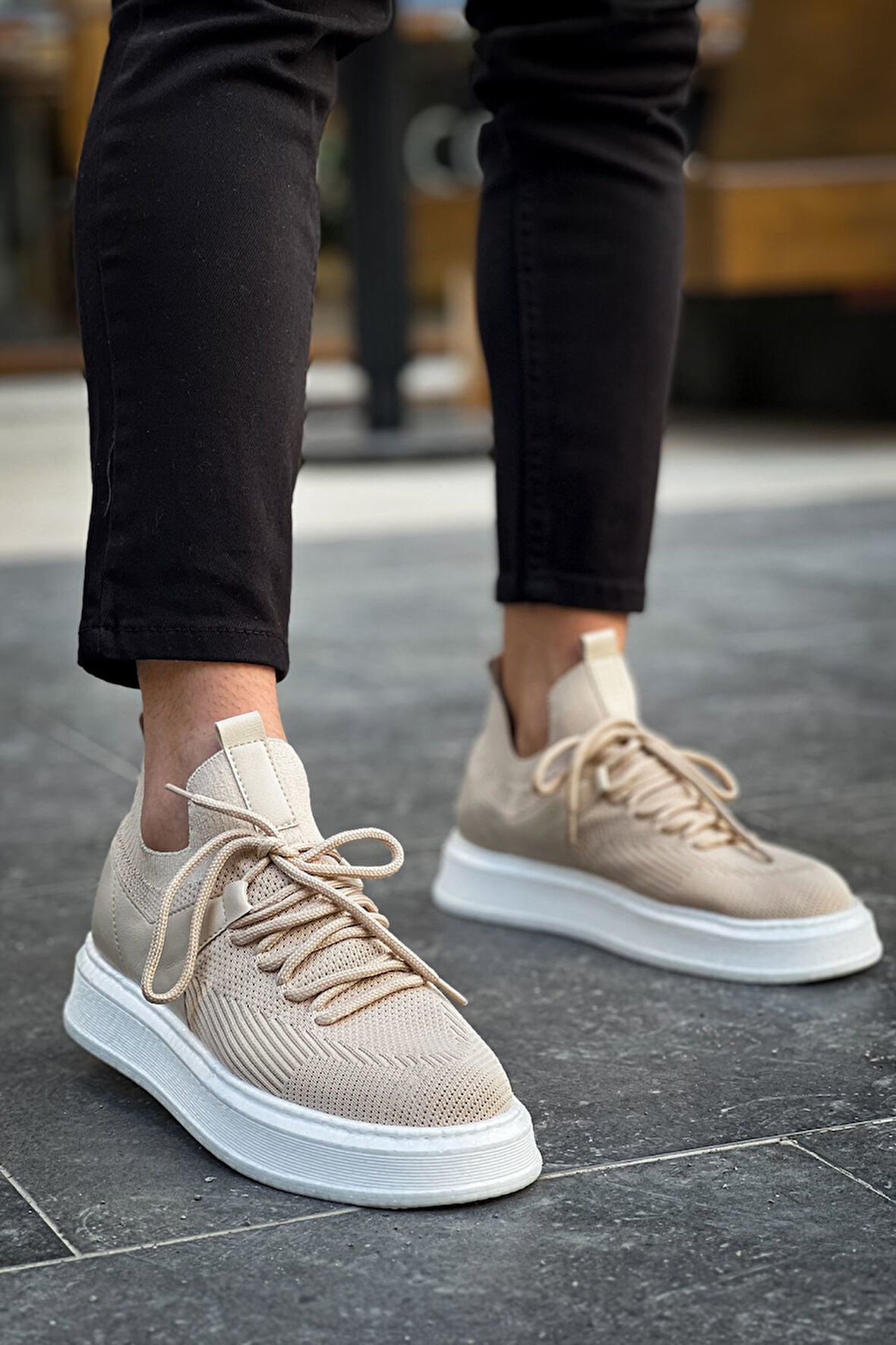 J2408 Fusion Ortopedik Taban Günlük Triko Erkek Sneaker Spor Ayakkabı TBT Krem