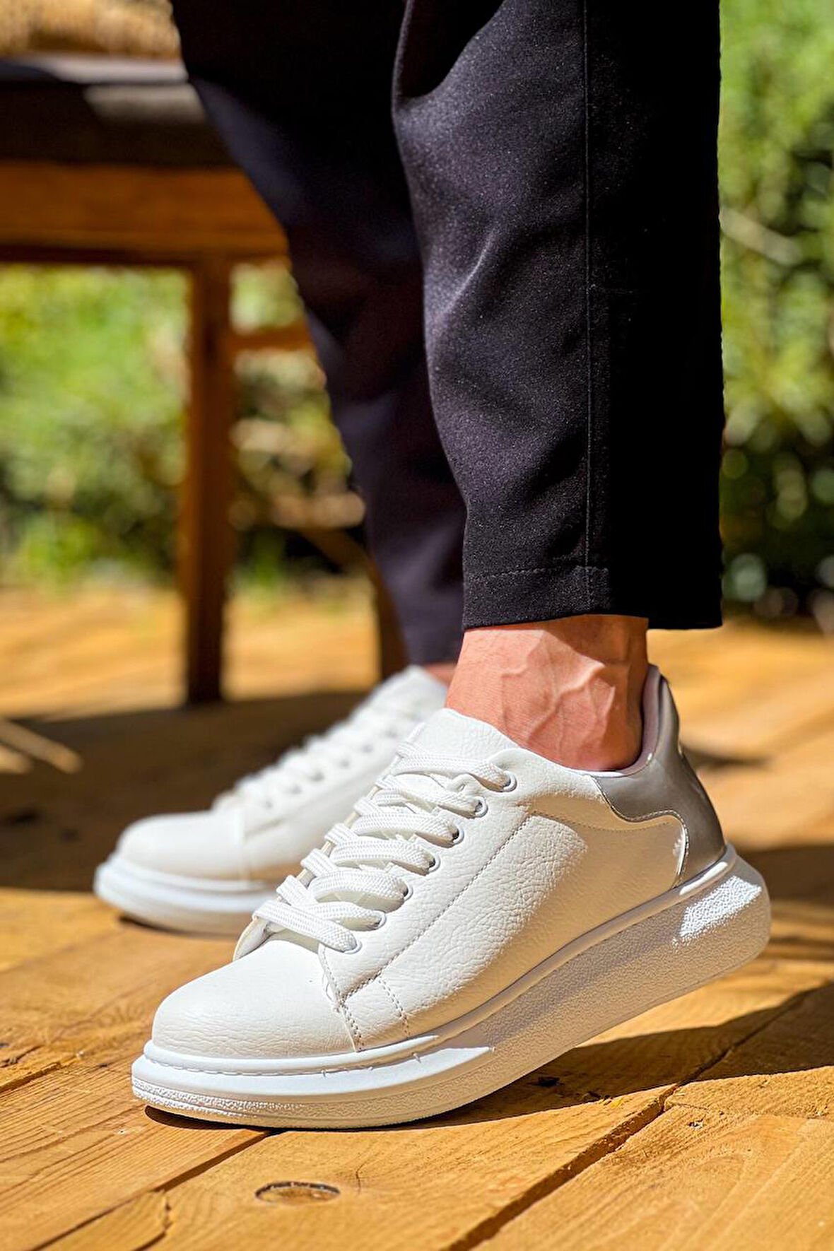 J-X500 Bağcıklı Ortopedik Taban Günlük Erkek Spor Sneaker Ayakkabı BT Beyaz/Gümüş