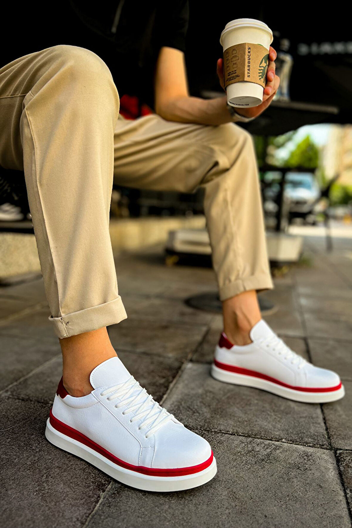 J979 Santoni Ortopedik Taban Günlük Cilt Erkek Sneaker Spor Ayakkabı CBT Beyaz/Kırmızı