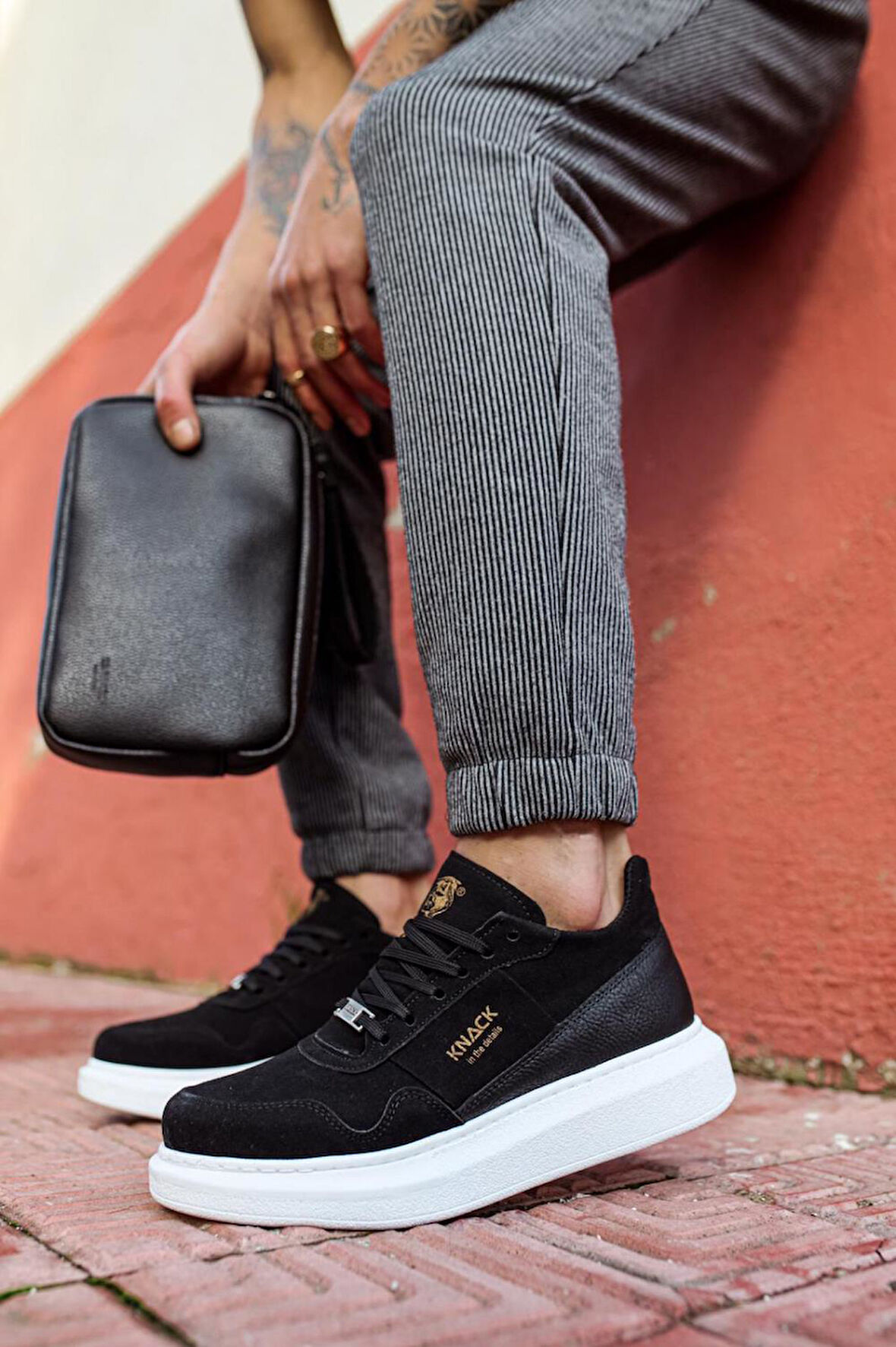 J040 Bağcıklı Ortopedik Taban Erkek Günlük Süet Sneaker Spor Ayakkabı BT Siyah