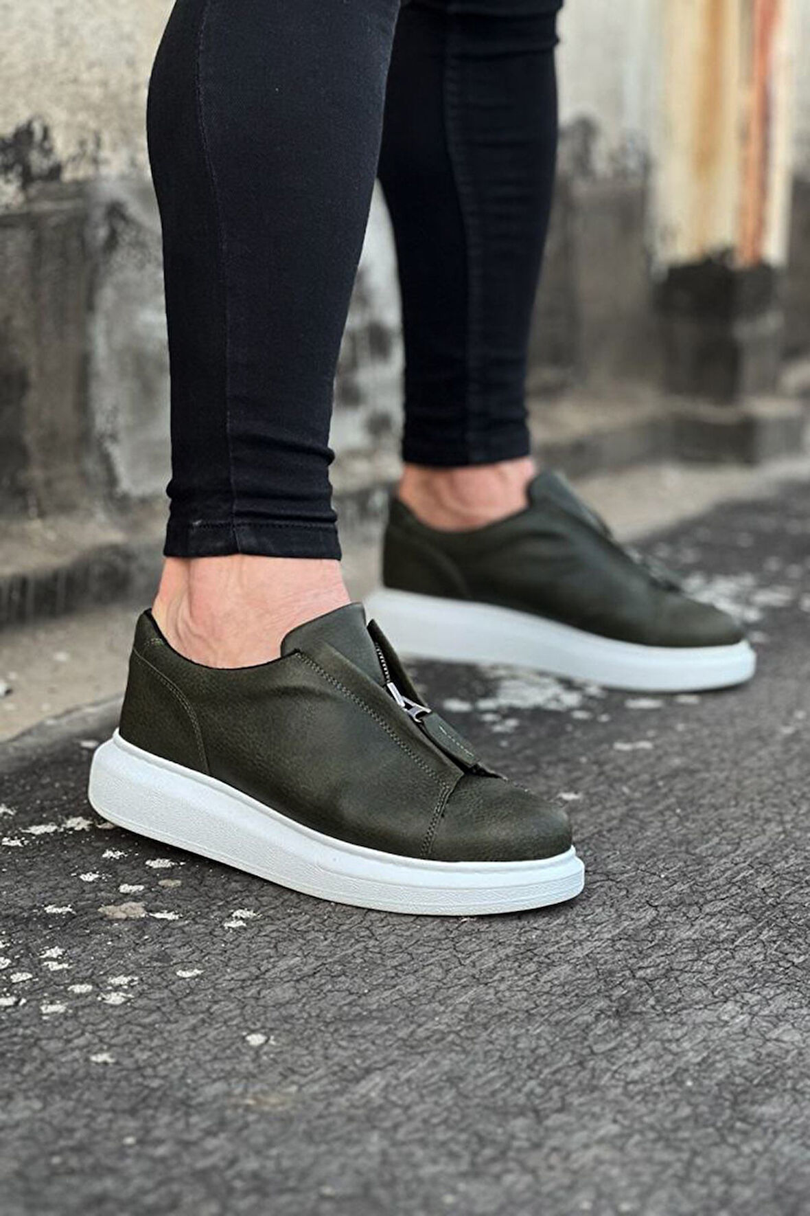 J010 Bağcıksız Fermuarlı Ortopedik Taban Erkek Sneaker Günlük Ayakkabı BT Haki