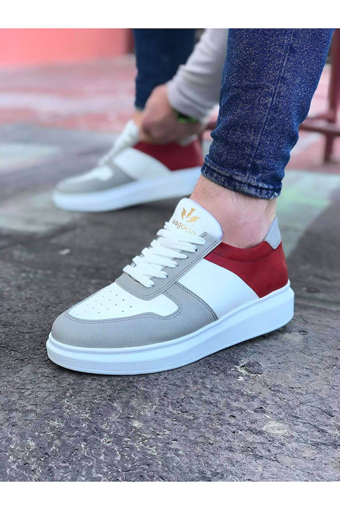 J011 Bağcıklı Ortopedik Taban Erkek Sneaker Günlük Ayakkabı BT Beyaz/Kırmızı