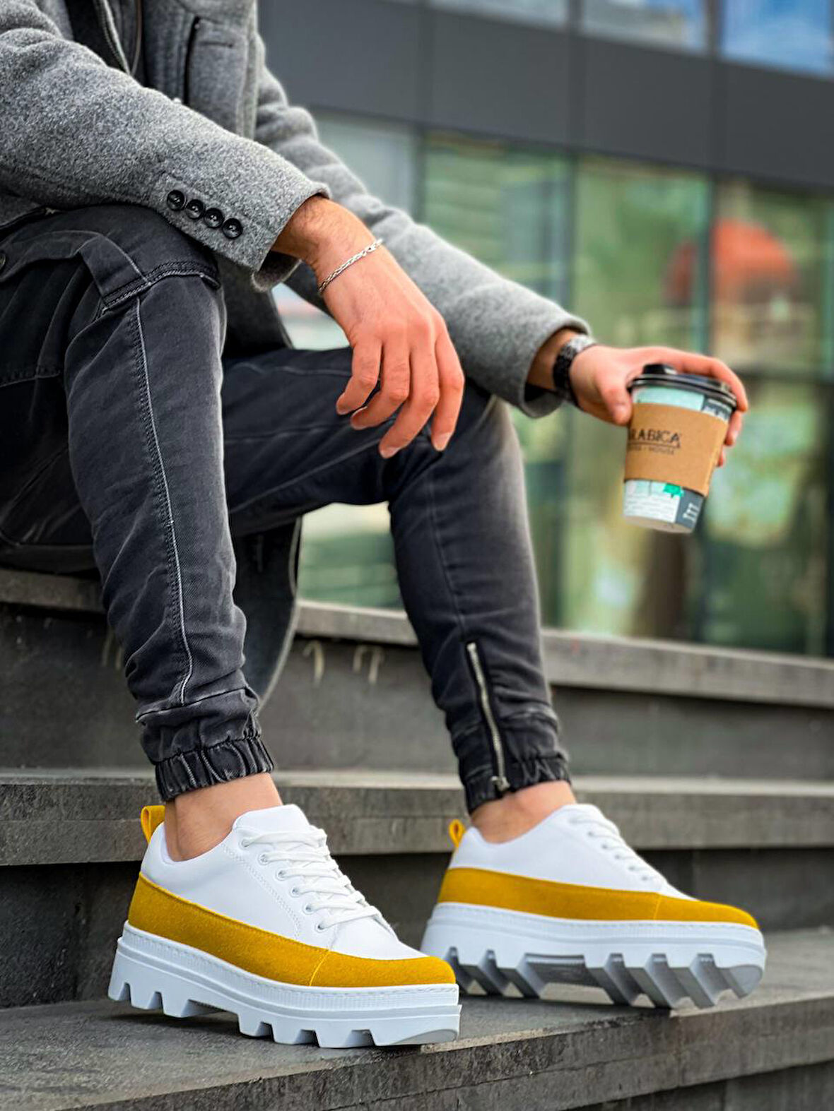 J056 Bağcıklı Ortopedik Taban Günlük Cilt Süet Erkek Spor Sneaker Ayakkabı BT Beyaz/Sarı