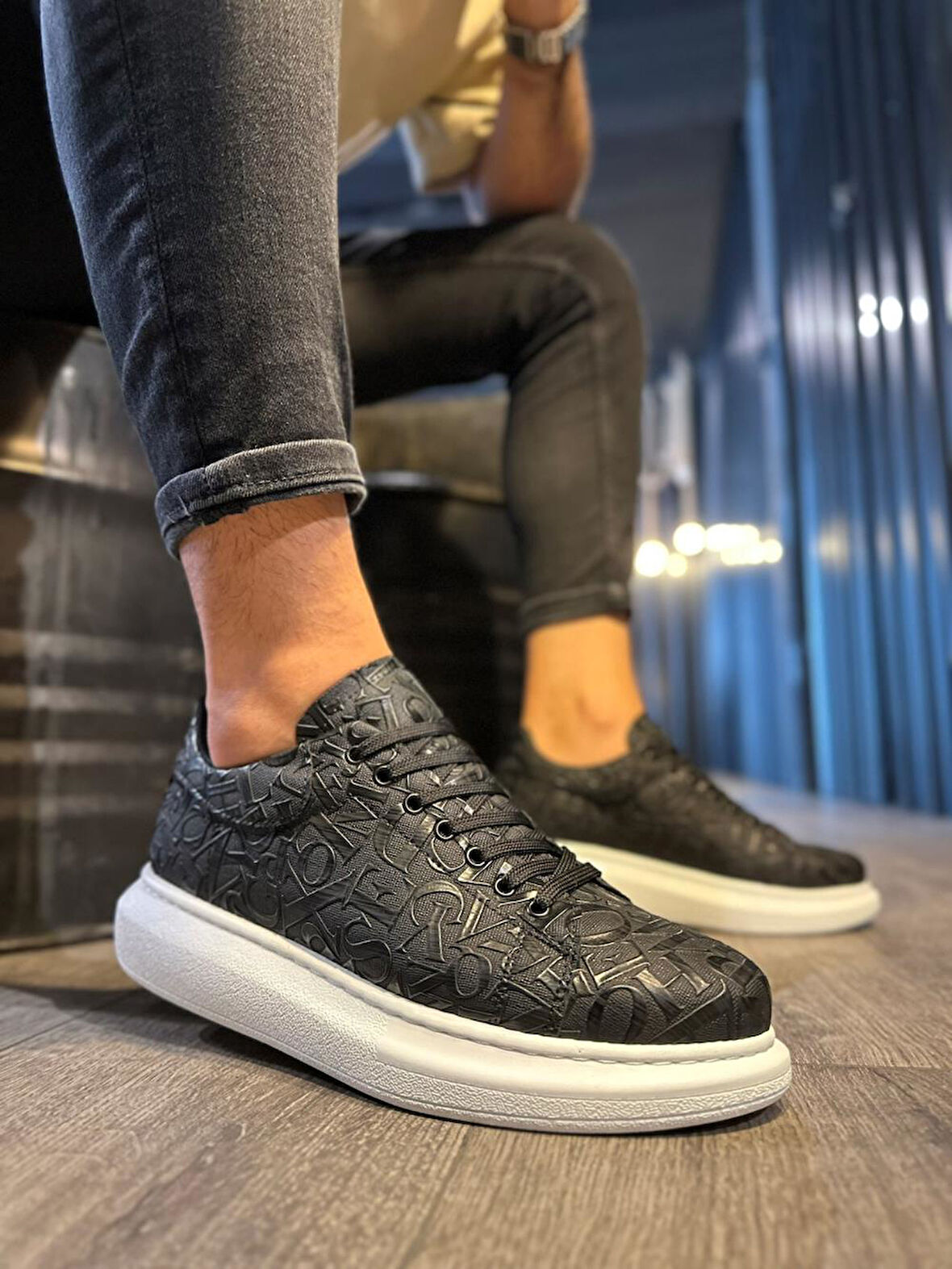 J047 Bağcıklı Ortopedik Taban Harf Desenli Erkek Günlük Sneaker Spor Ayakkabı BT Siyah