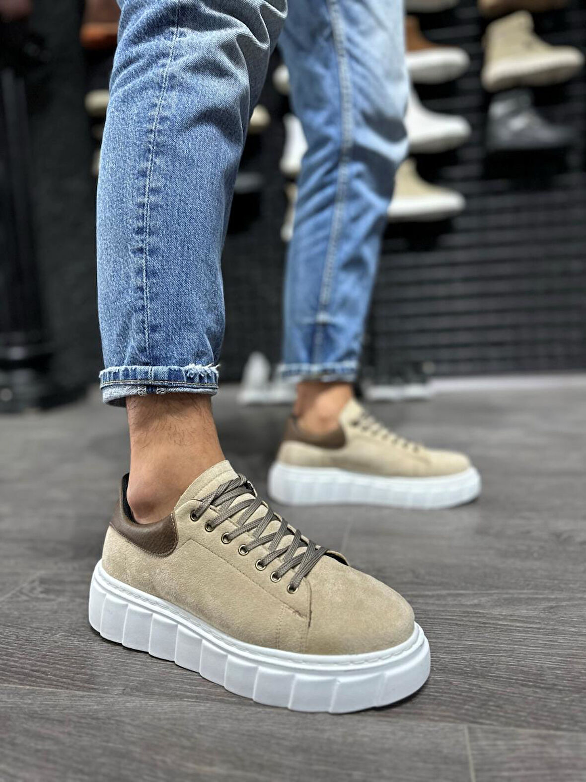 J144 Bağcıklı Ortopedik Taban Erkek Günlük Süet Sneaker Spor Ayakkabı BT Vizon
