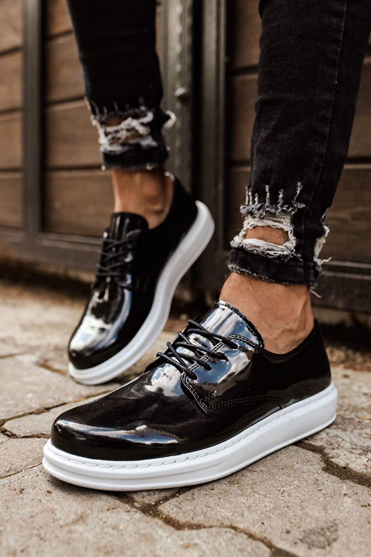 J003 Pelle Verniciata Classica Ortopedik Taban Günlük Rugan Erkek Klasik Ayakkabı RBT Siyah