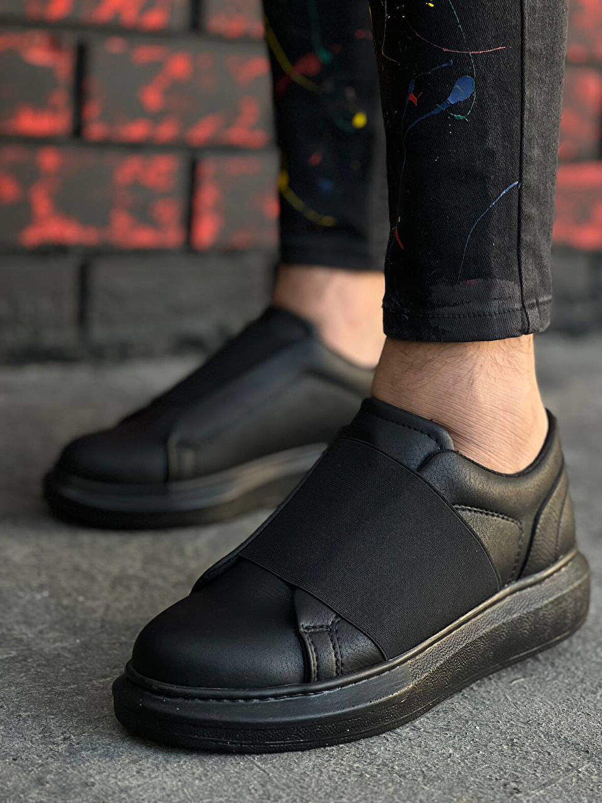 J040 Bağcıksız Kalın Lastikli Ortopedik Taban Günlük Erkek Spor Sneaker Ayakkabı ST Siyah