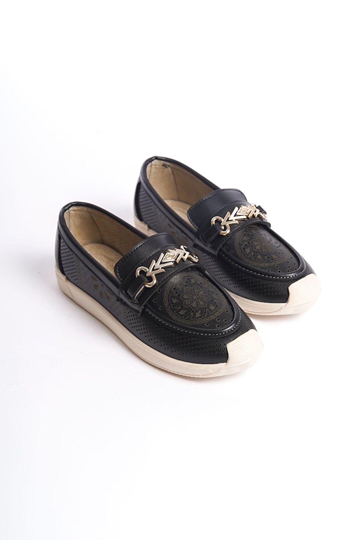 HIRA Bağcıksız Ortopedik Rahat Taban Çiçek Desenli Kadın Babet Ayakkabı KT Siyah