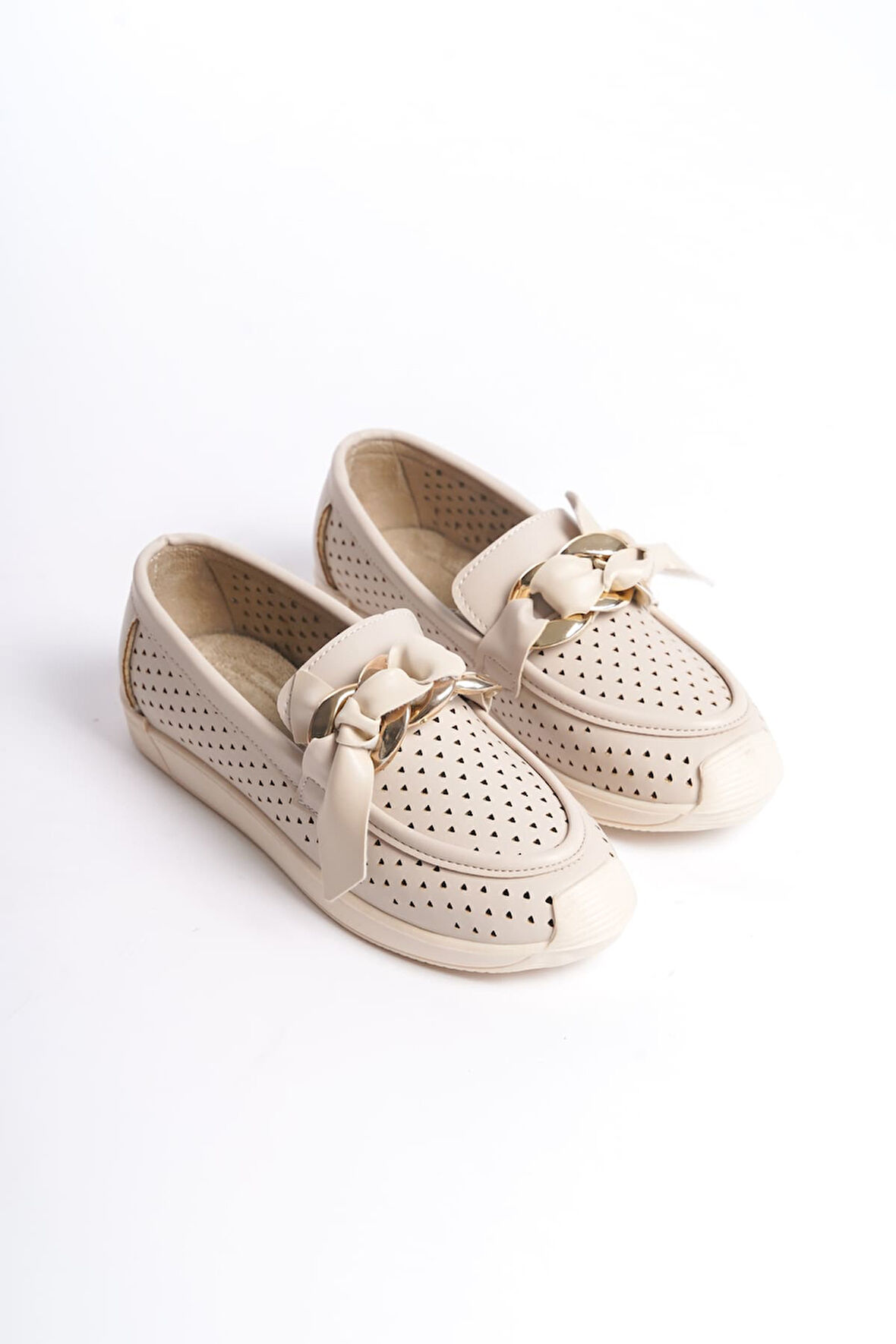 HANDY Bağcıksız Ortopedik Rahat Taban Kalp Desenli Kadın Babet Ayakkabı KT Krem