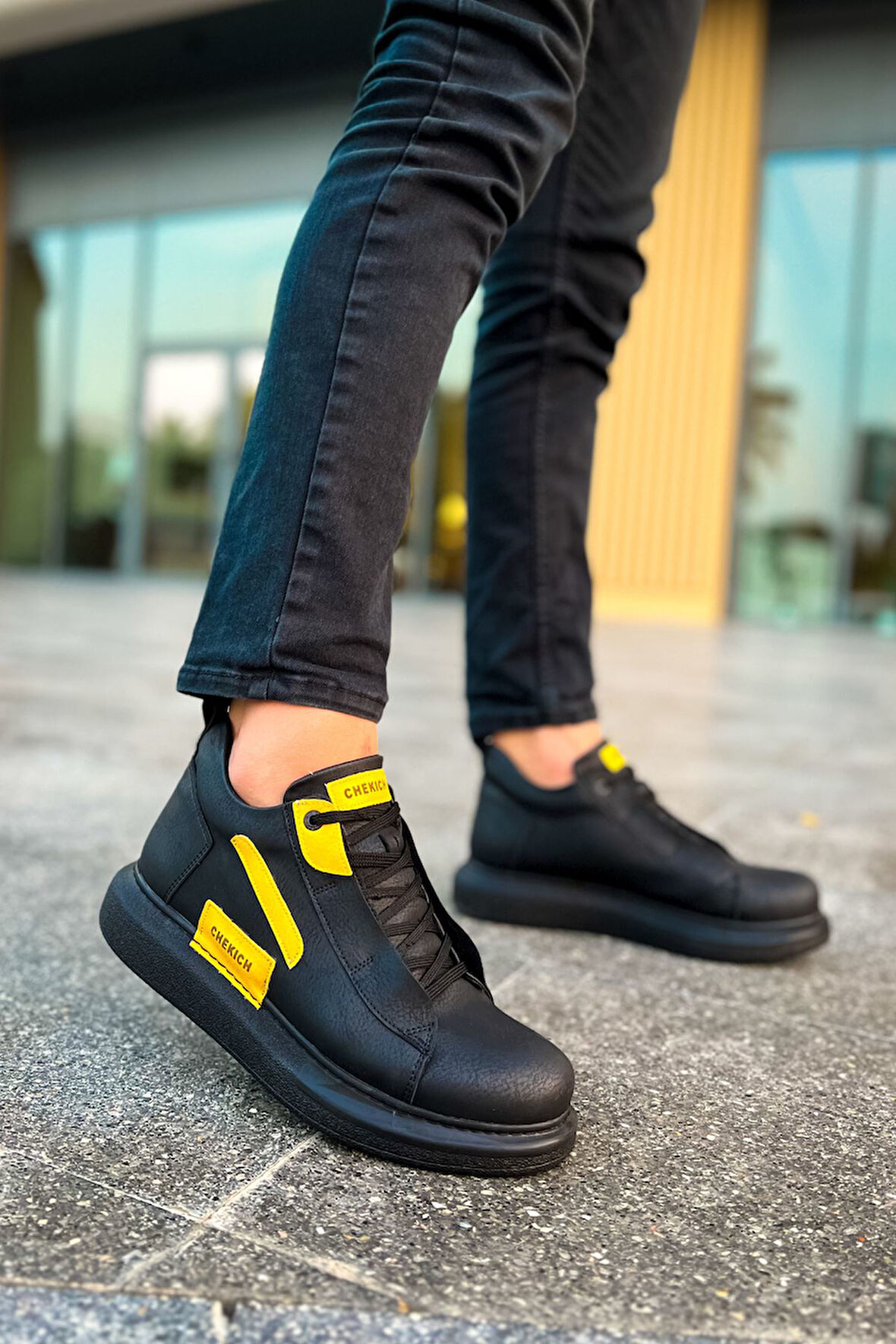 J131 Frogner Bağcıklı Ortopedik Taban Günlük Cilt Erkek Spor Bot CST Siyah/Sarı