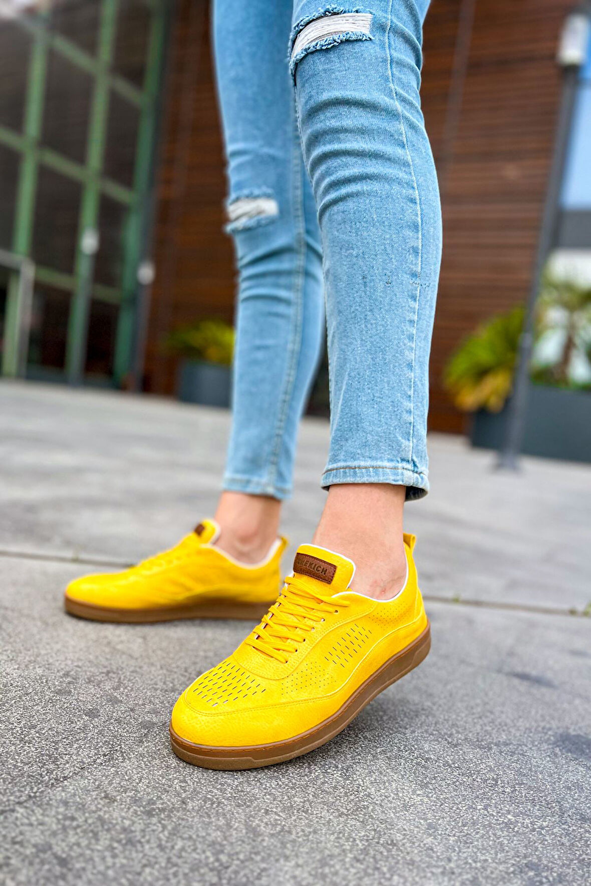 J157 Retro Ortopedik Taban Günlük Cilt Erkek Sneaker Spor Ayakkabı CTT Sarı