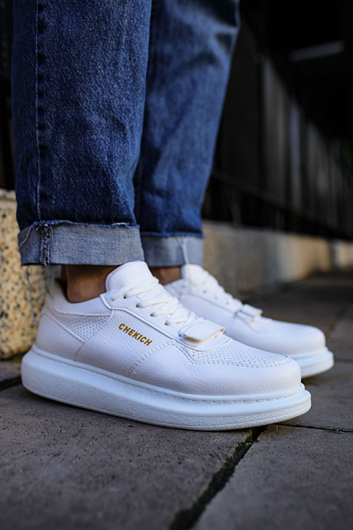 J073 Flatline Ortopedik Taban Günlük Cilt Erkek Sneaker Spor Ayakkabı CBT Beyaz