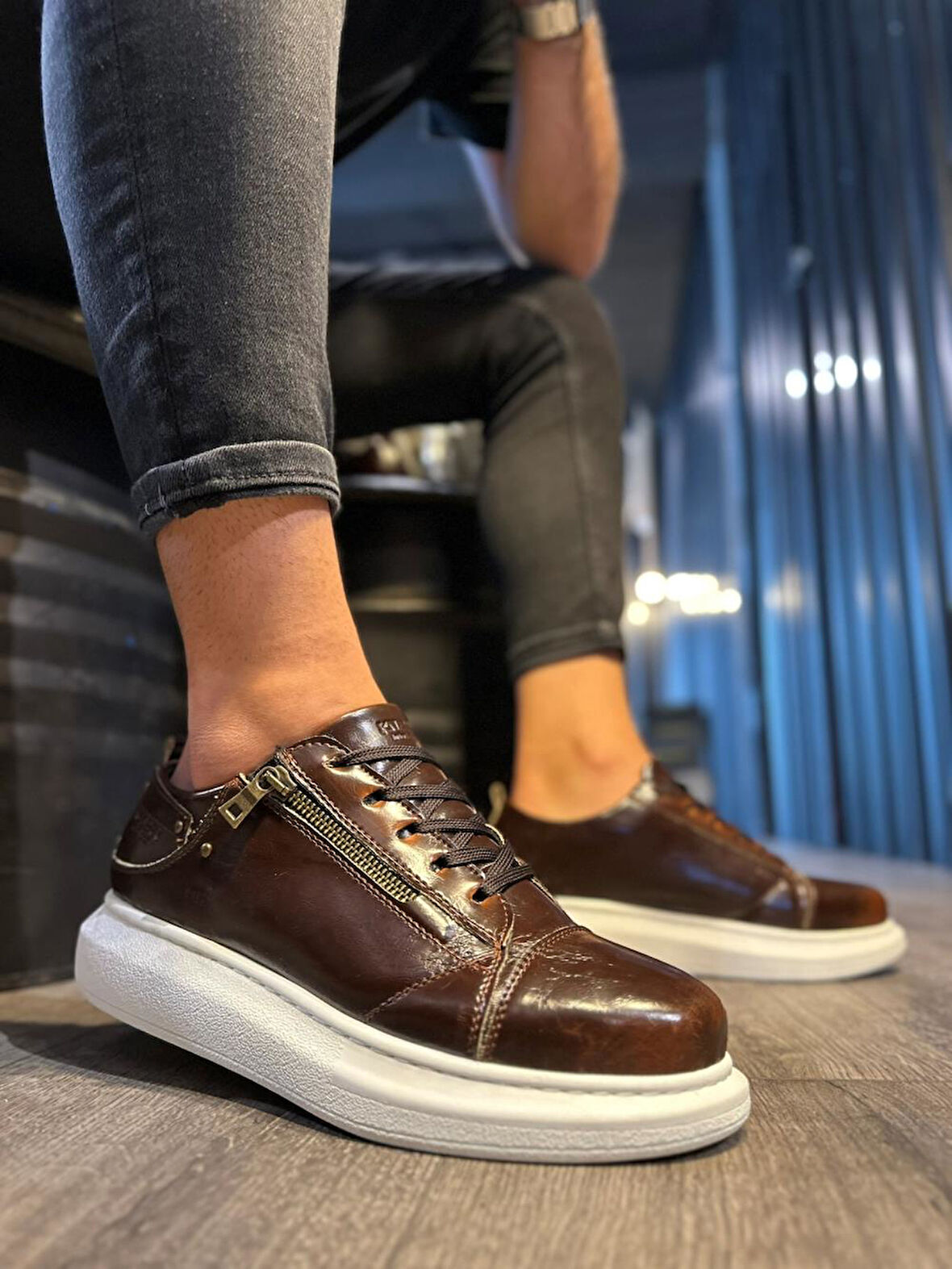 J555 Bağcıklı Fermuarlı Ortopedik Taban Erkek Günlük Sneaker Spor Ayakkabı BT Parlak Kahverengi