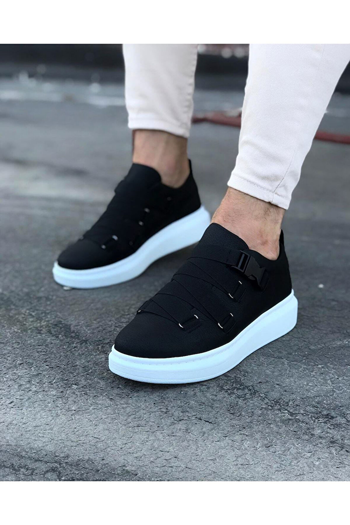 J033 Bağcıksız 4 Bant Lastikli Tokalı Ortopedik Taban Erkek Sneaker Günlük Ayakkabı BT Siyah