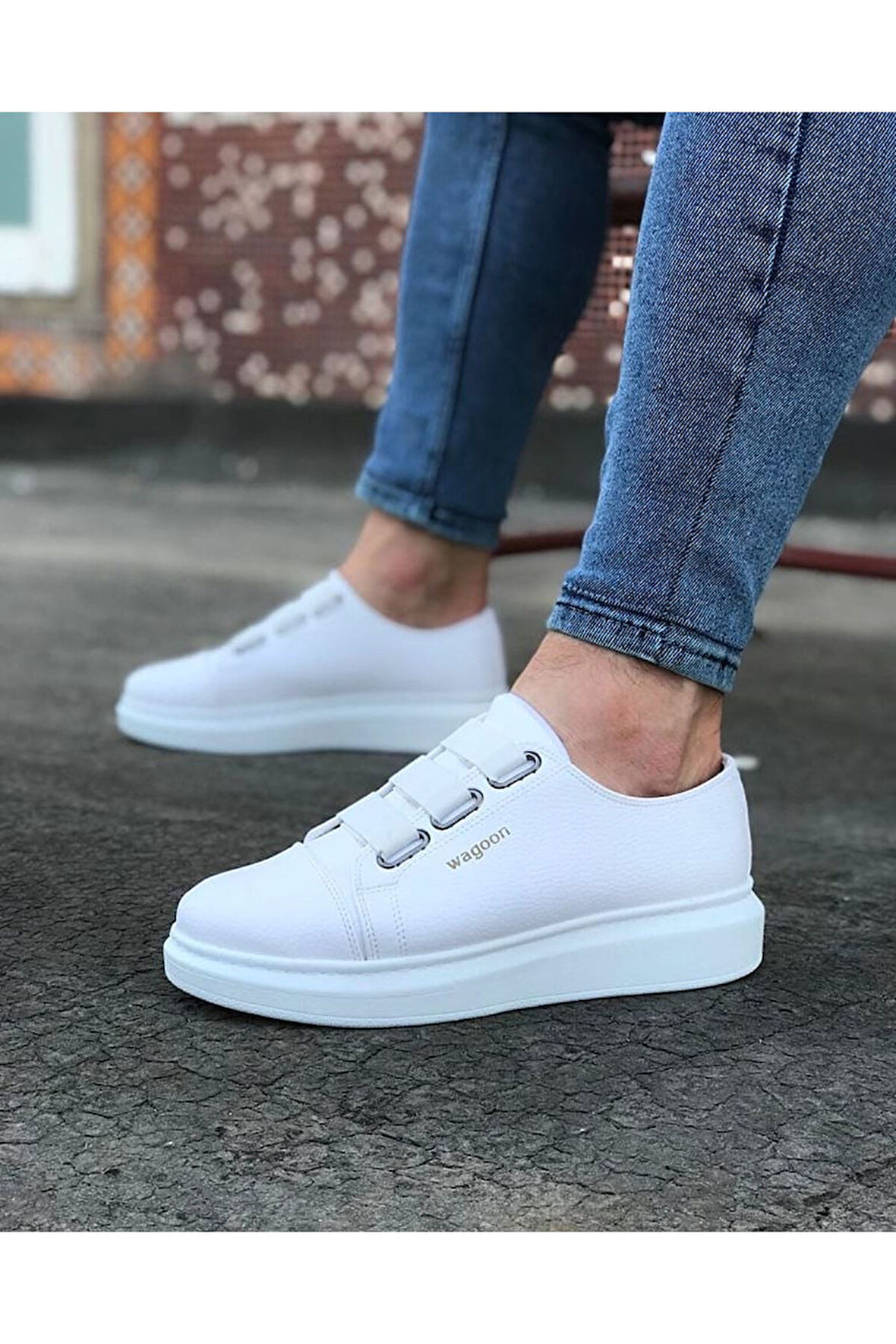 J026 Bağcıksız 3 Bant Lastikli Ortopedik Taban Erkek Sneaker Günlük Ayakkabı BT Beyaz