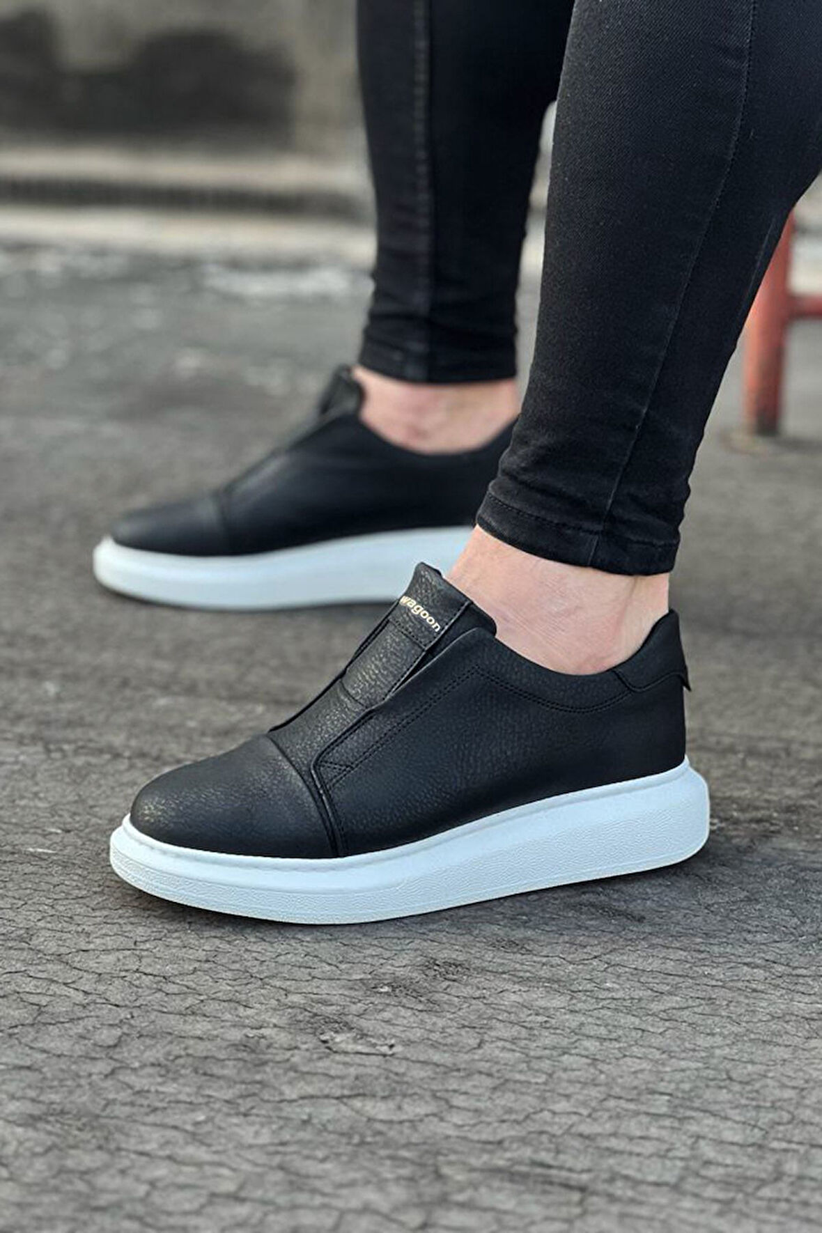 J023 Bağcıksız Lastikli Ortopedik Taban Erkek Sneaker Günlük Ayakkabı BT Siyah