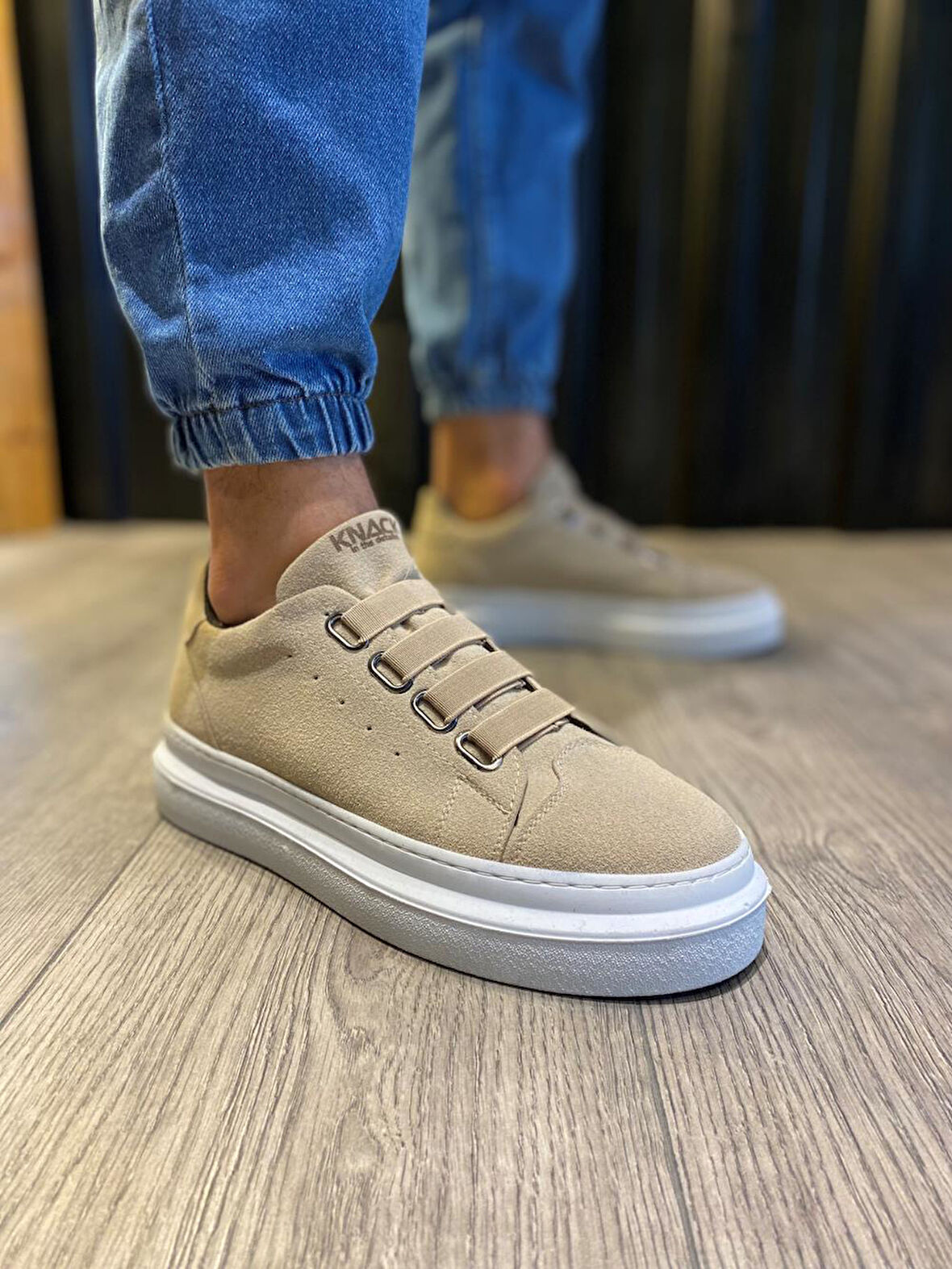 J521 Bağcıksız Lastikli 4 Bantlı Ortopedik Taban Erkek Günlük Süet Sneaker Spor Ayakkabı BT Vizon
