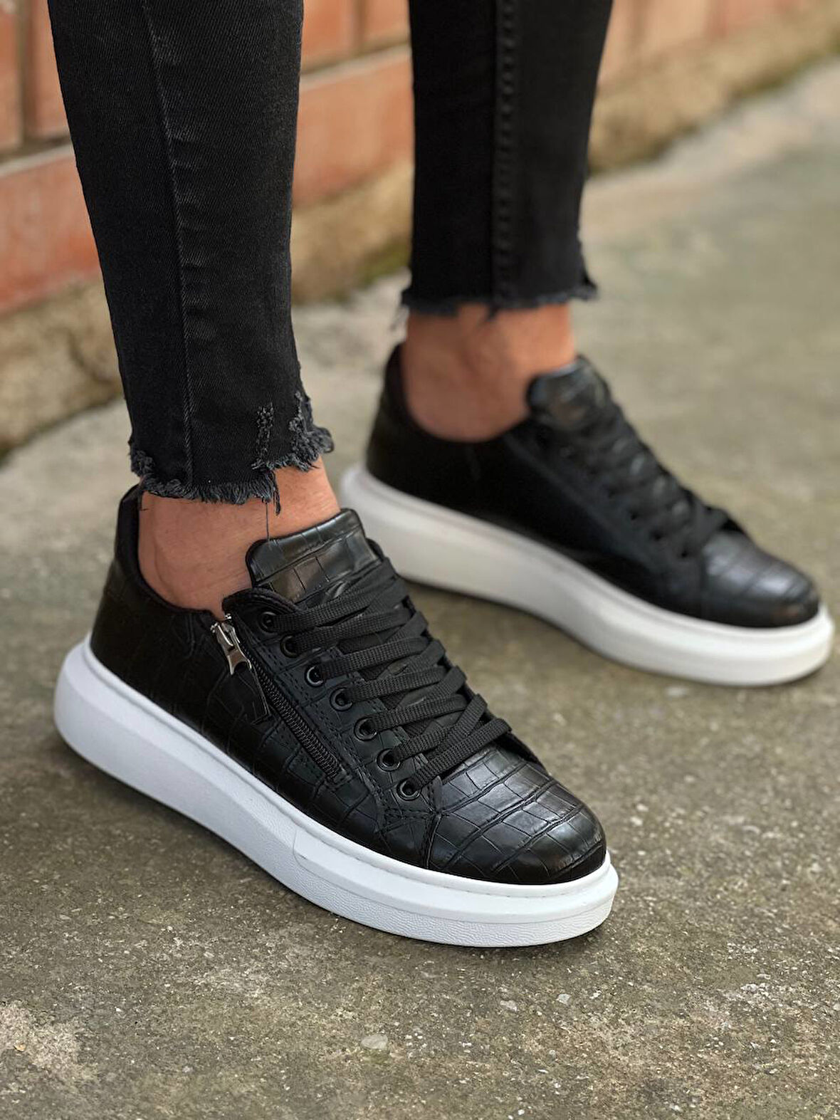 J-309 Bağcıklı Fermuarlı Ortopedik Taban Günlük Erkek Spor Sneaker Ayakkabı BT Siyah