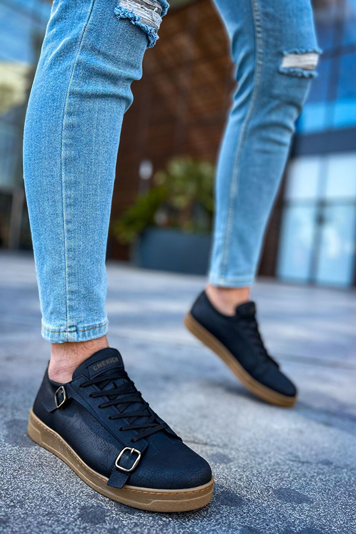 J191 Side Buckle Ortopedik Taban Günlük Cilt Erkek Sneaker Spor Ayakkabı CTT Siyah