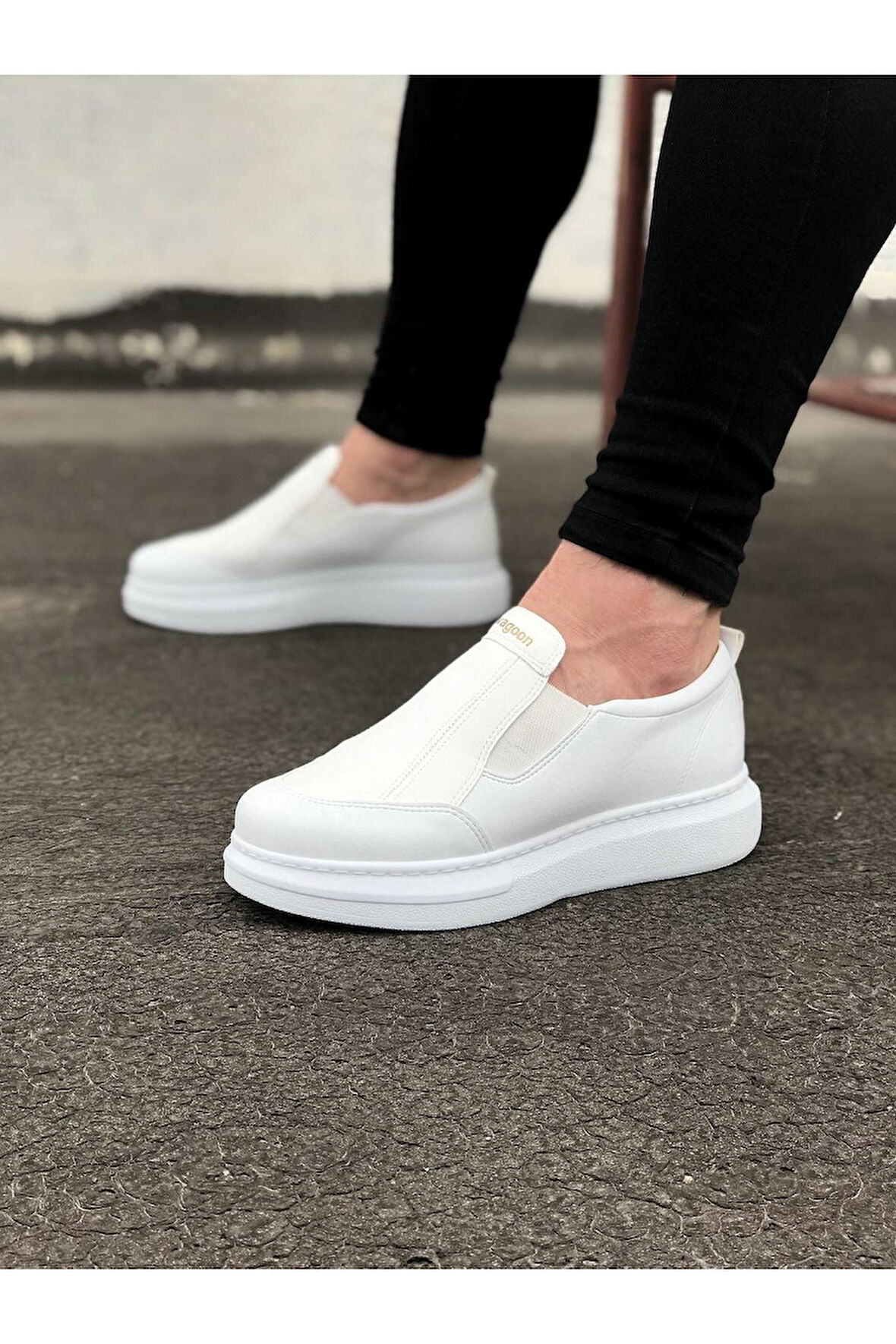 J049 Bağcıksız Lastikli Ortopedik Taban Erkek Sneaker Günlük Ayakkabı BT Beyaz