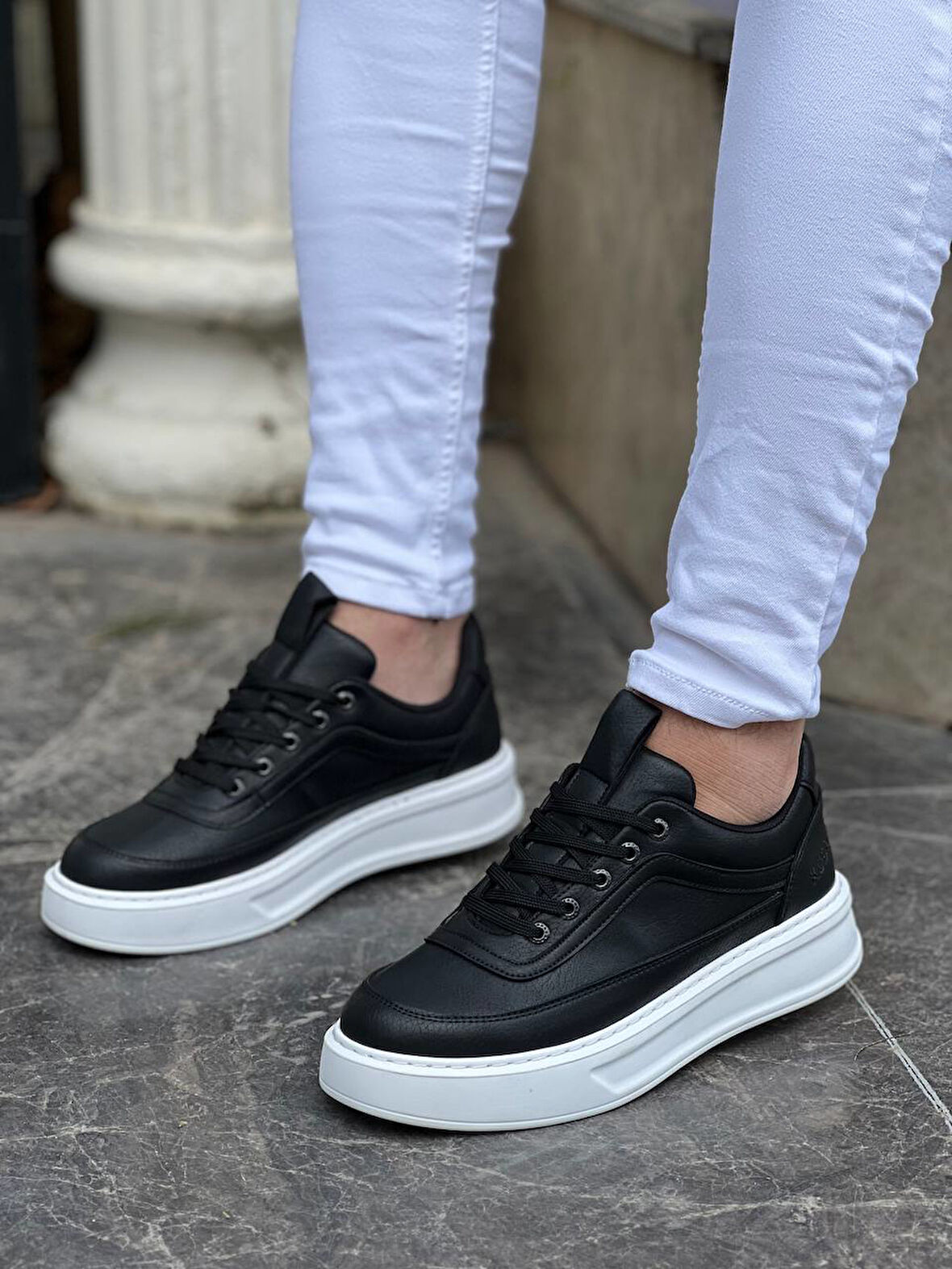 J006 Bağcıklı Ortopedik Taban Günlük Erkek Spor Sneaker Ayakkabı BT Siyah
