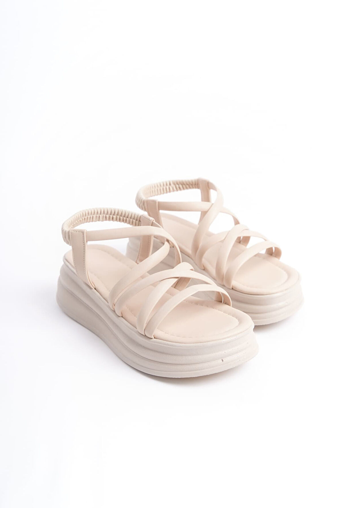 ADRIANA Lastikli Şerit Detaylı Ortopedik Taban Kadın Sandalet KT Krem