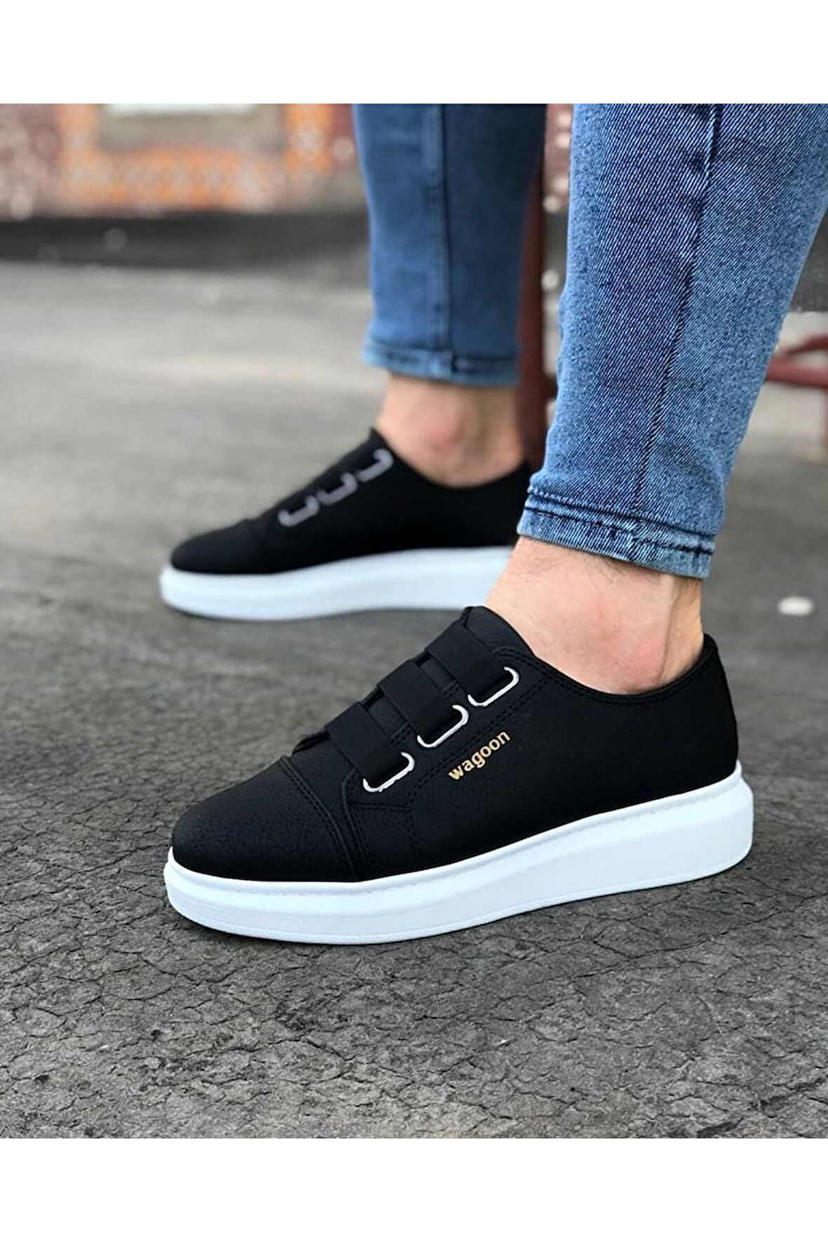 J026 Bağcıksız 3 Bant Lastikli Ortopedik Taban Erkek Sneaker Günlük Ayakkabı BT Siyah