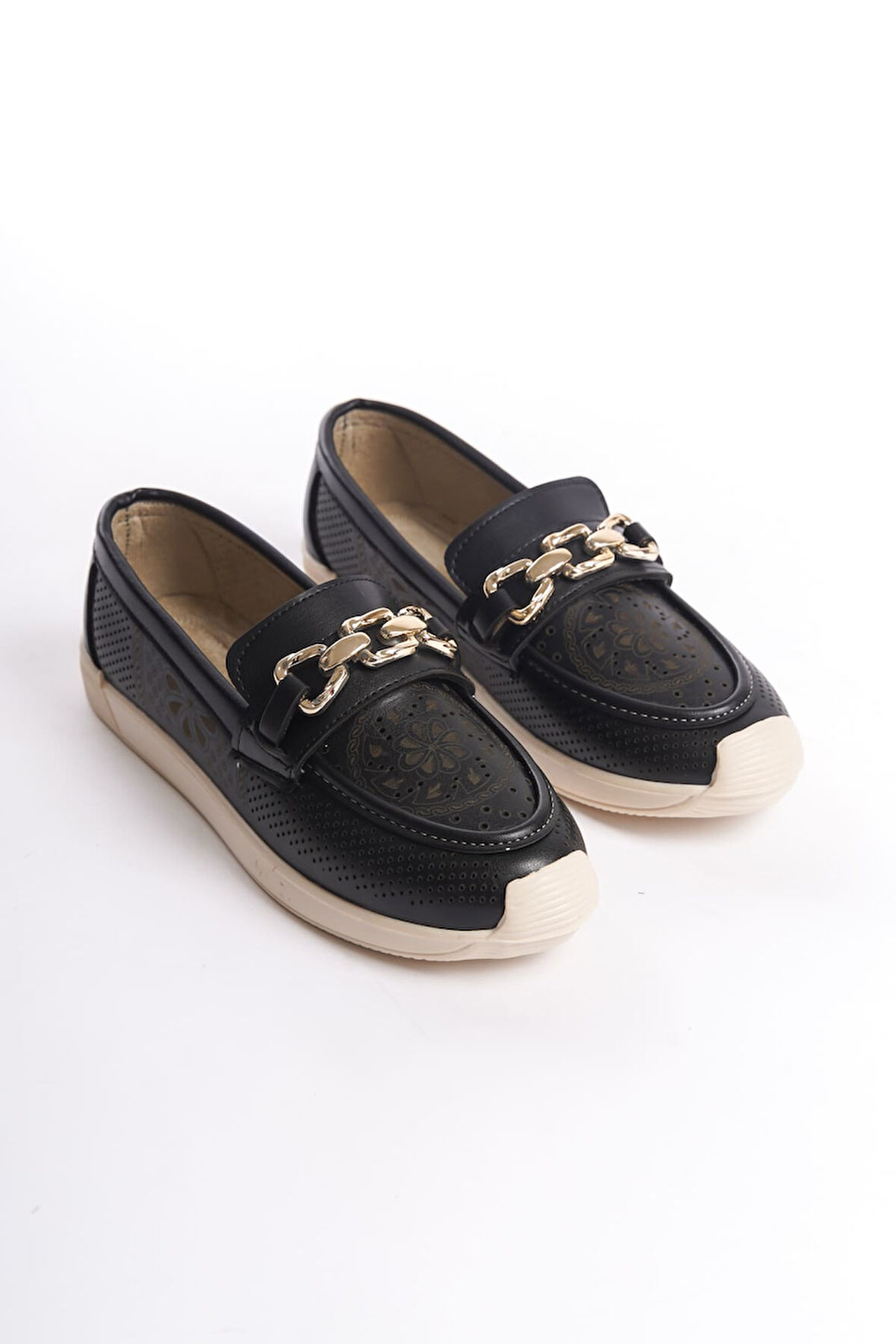 HAZEL Bağcıksız Ortopedik Rahat Taban Çiçek Desenli Kadın Babet Ayakkabı KT Siyah