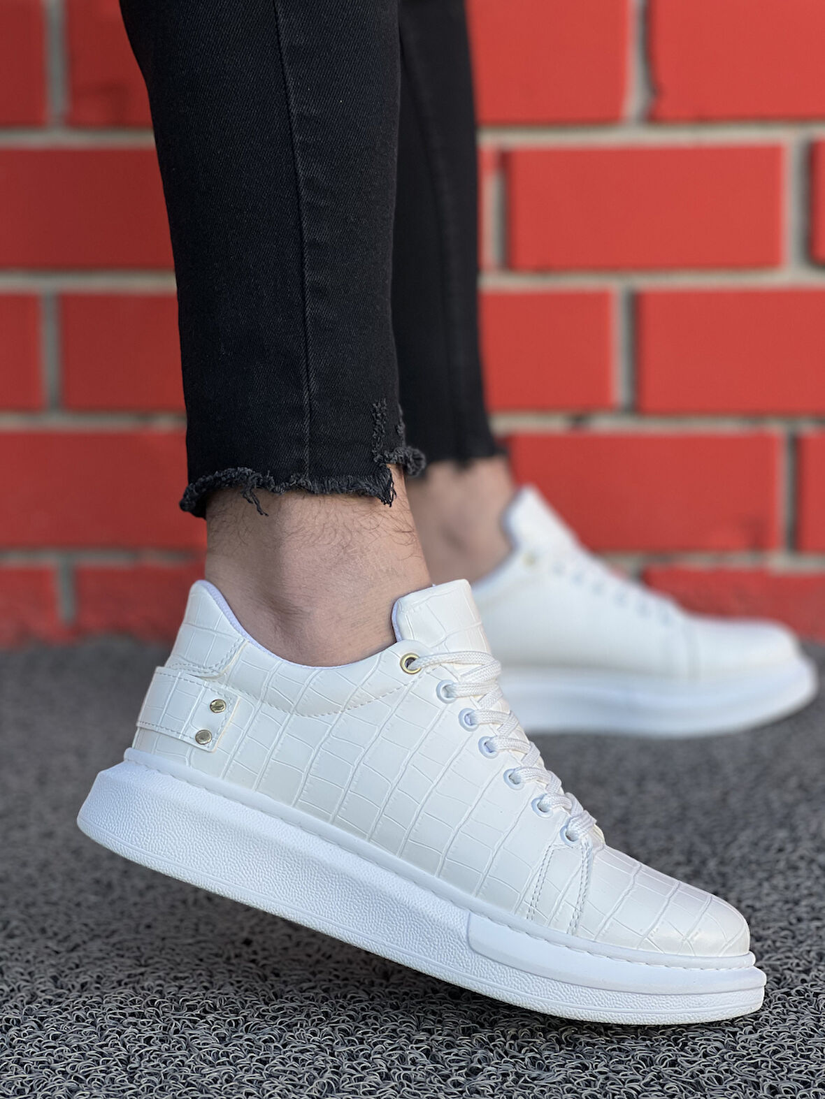 J047 Bağcıklı Ortopedik Taban Timsah Desenli Günlük Erkek Spor Sneaker Ayakkabı BT Beyaz