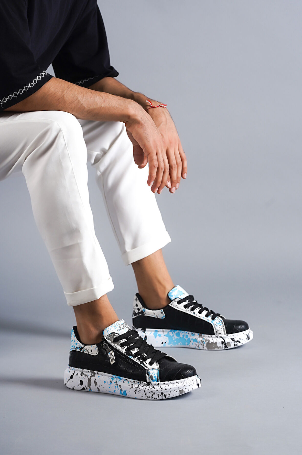 J02 Bağcıklı Timsah Desenli Mavi Baskılı Ortopedik Taban Erkek Spor Sneaker Ayakkabı BT Siyah