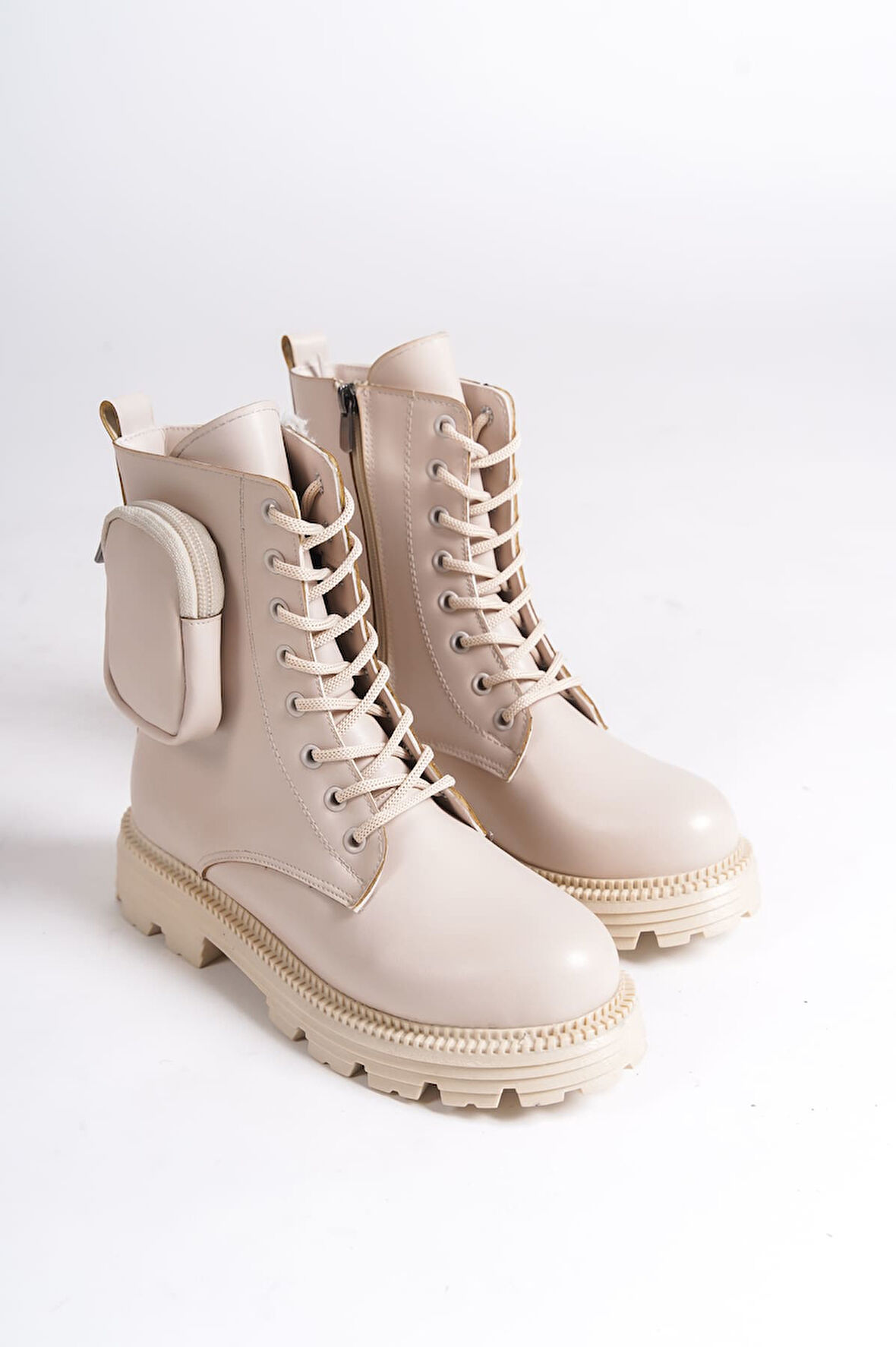 NYX Bağcıklı Fermuarlı Ortopedik Taban Suya ve Soğuğa Dayanıklı Çantalı Kadın Bot KT Krem