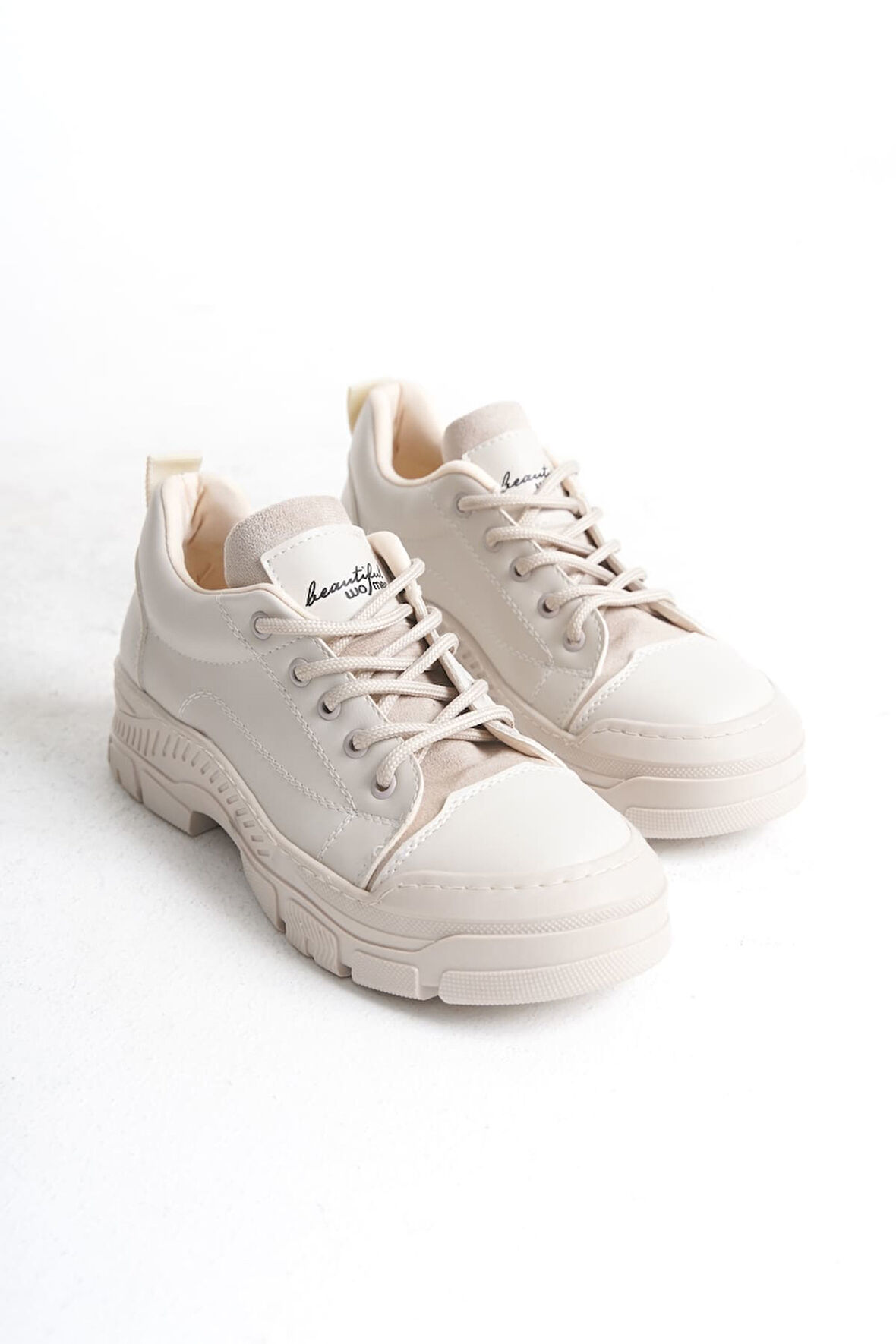 VIVIENNE Bağcıklı Ortopedik Taban Cilt Kadın Sneaker Ayakkabı KT Krem