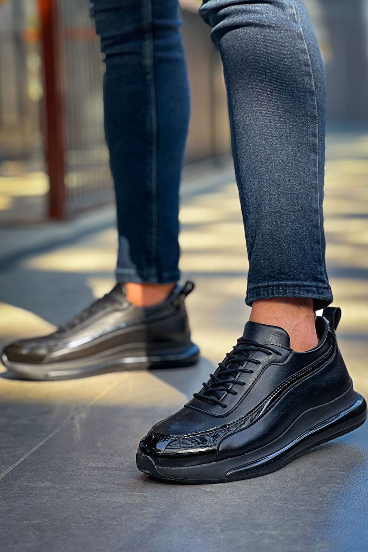 J2419 Ortopedik Taban Günlük Cilt Erkek Sneaker Spor Ayakkabı CST Siyah