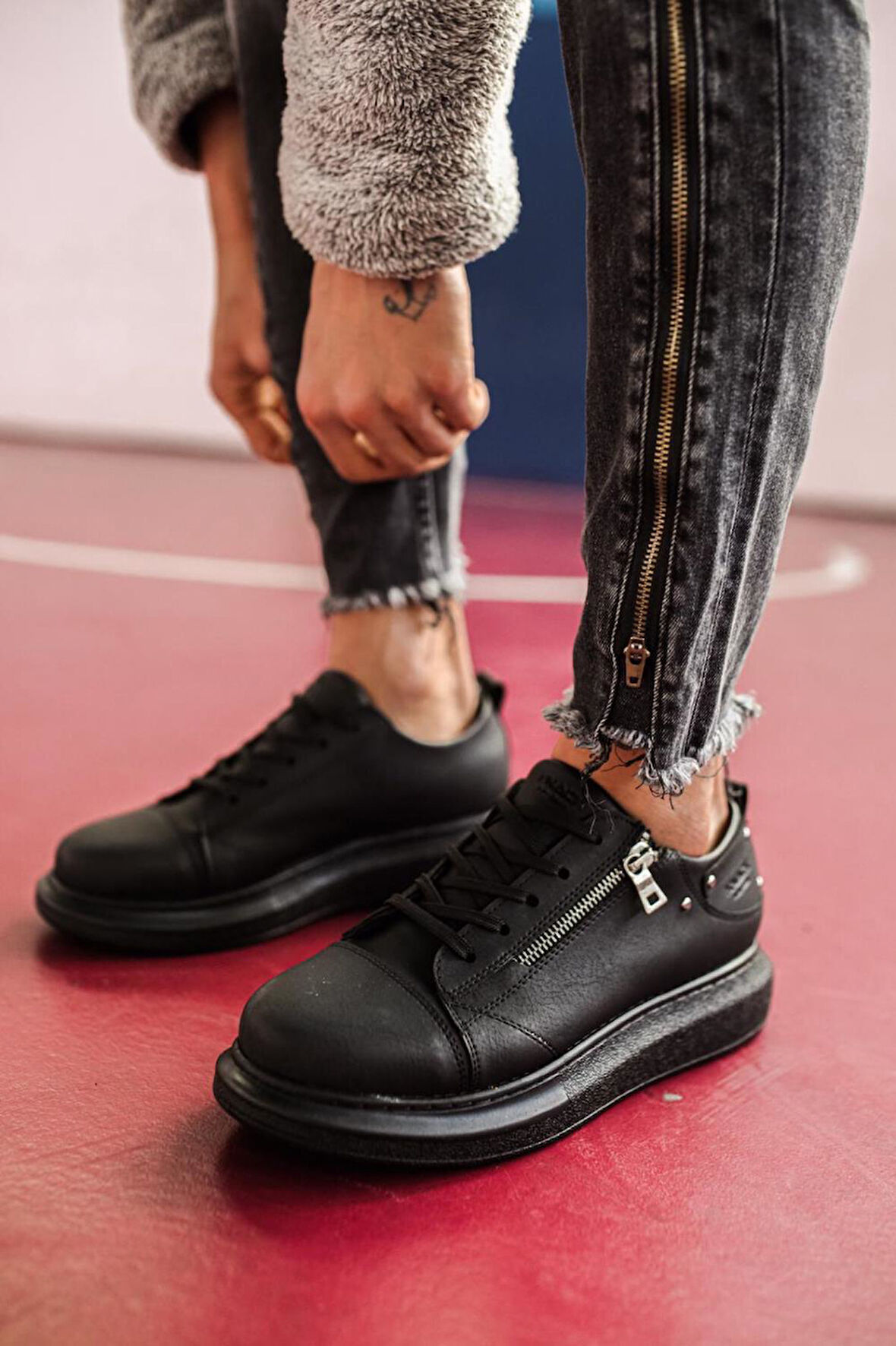 J555 Bağcıklı Fermuarlı Ortopedik Taban Erkek Günlük Sneaker Spor Ayakkabı ST Siyah