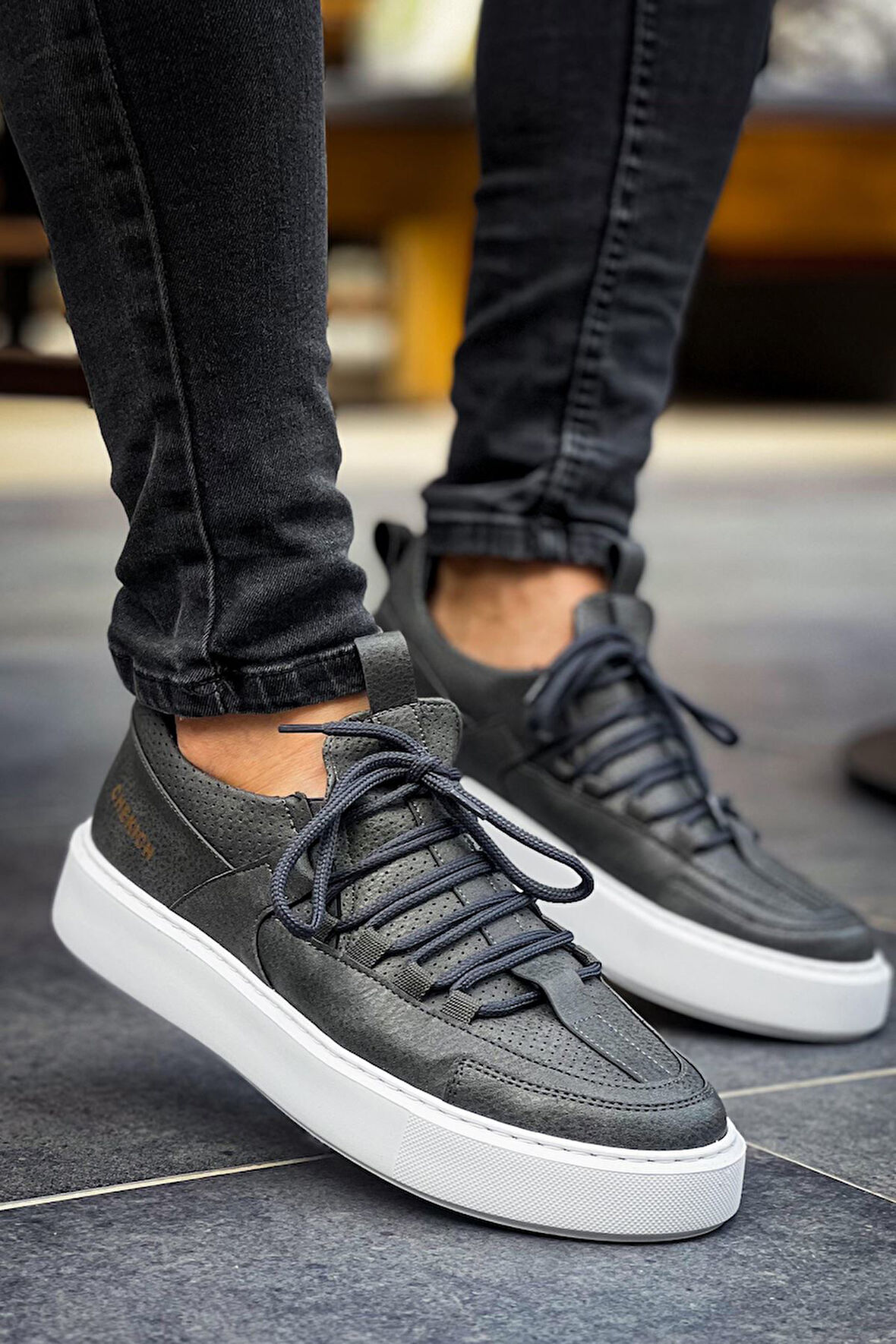 J159 Saturn Ortopedik Taban Günlük Cilt Erkek Sneaker Spor Ayakkabı CBT Antrasit