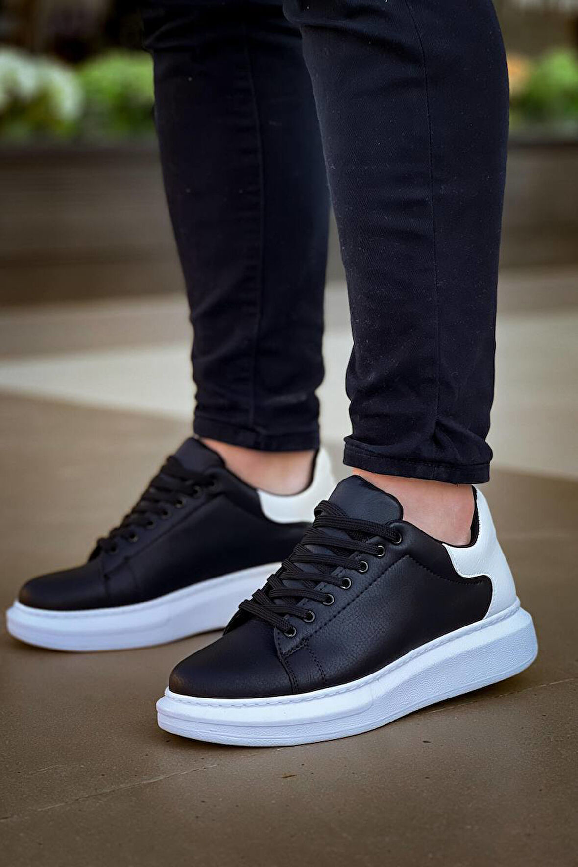 J-X500 Bağcıklı Ortopedik Taban Günlük Erkek Spor Sneaker Ayakkabı BT Siyah/Beyaz