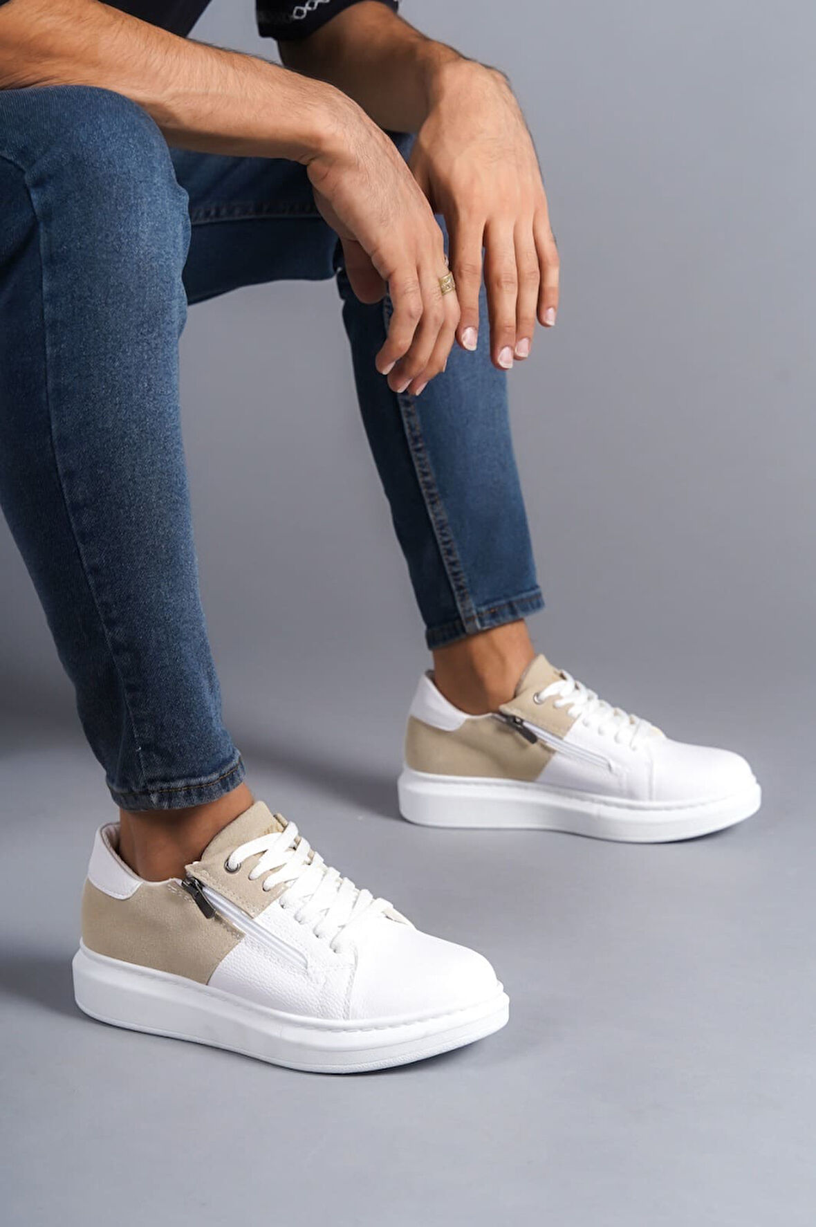 J155 Warrior Bağcıklı ve Fermuarlı Cilt Süet Erkek Günlük Sneaker Ayakkabı BT Beyaz/Krem