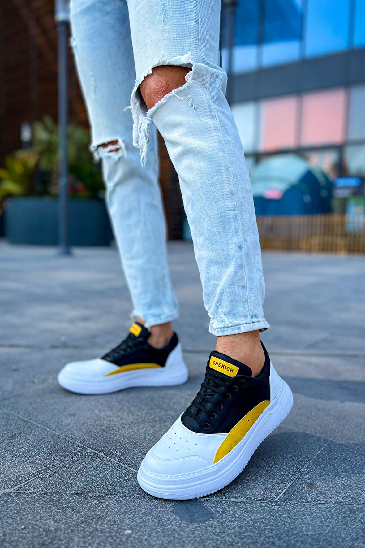 J115 Literide Ortopedik Taban Günlük Cilt Erkek Sneaker Spor Ayakkabı CBT Beyaz/Sarı/Siyah