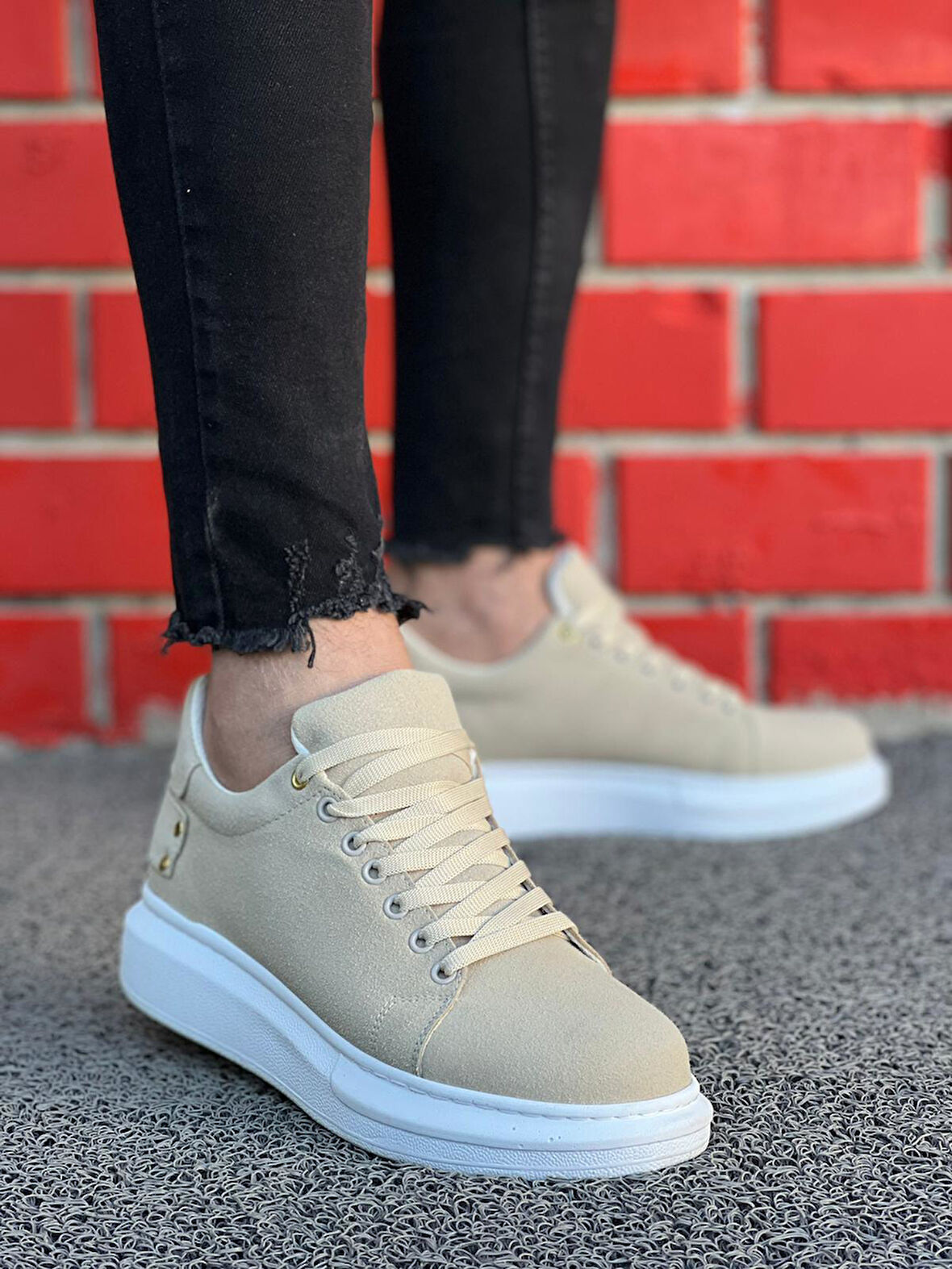 J047 Bağcıklı Ortopedik Taban Süet Günlük Erkek Spor Sneaker Ayakkabı BT Bej