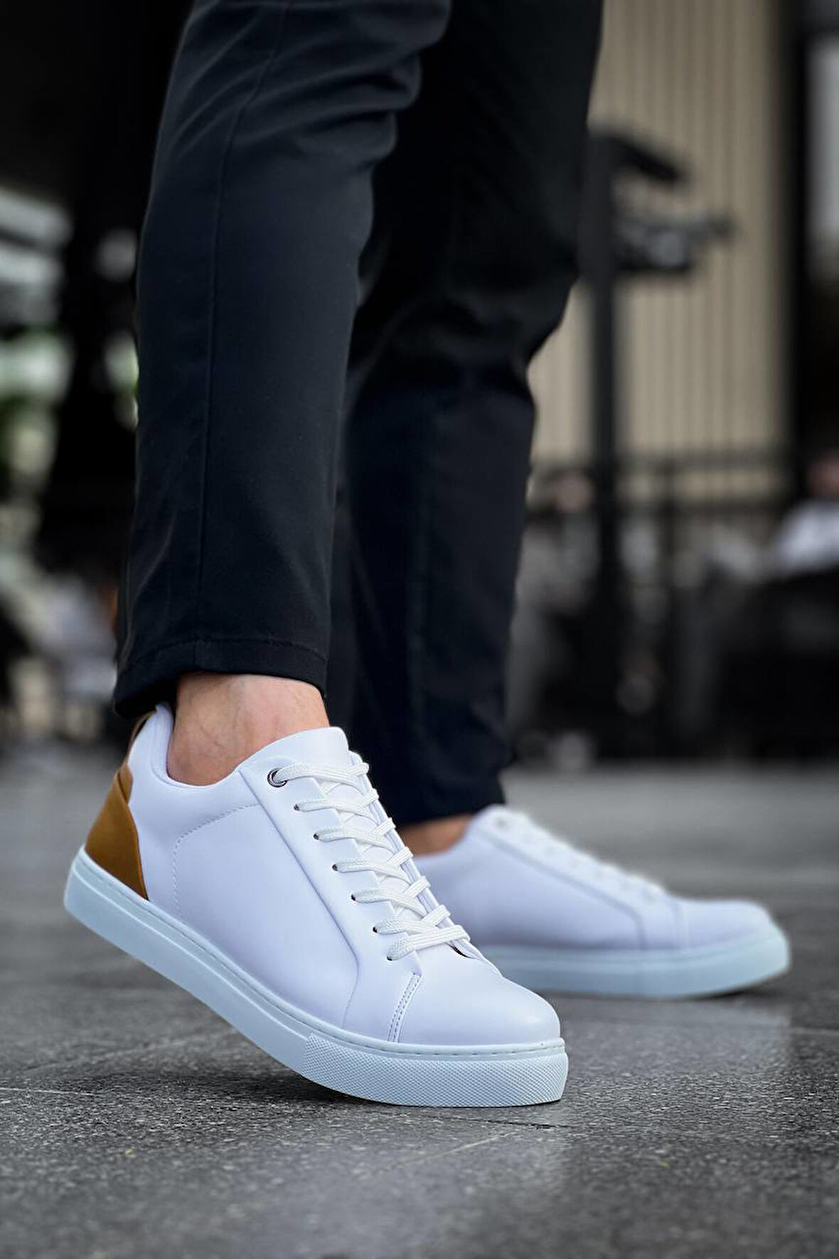 J-BX1 Bağcıklı Ortopedik Taban Günlük Erkek Spor Sneaker Ayakkabı BT Beyaz/Taba