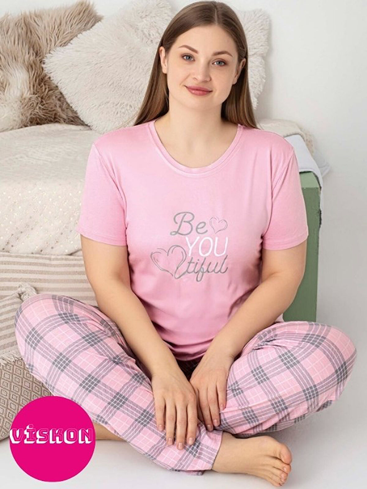 Kadın Bisiklet Yaka Düğmesiz Battal Kesim Viskon Yazlık Kısa Kol Cepli Büyük Beden Pijama Takımı
